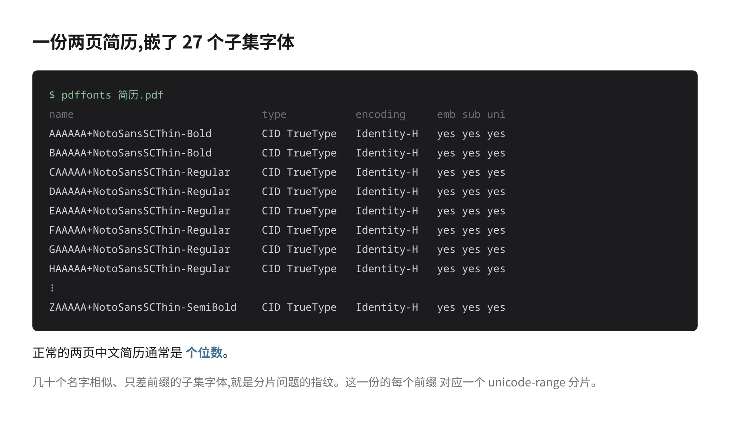 一份使用分片字体的简历 PDF 中嵌入的数十个子集字体列表
