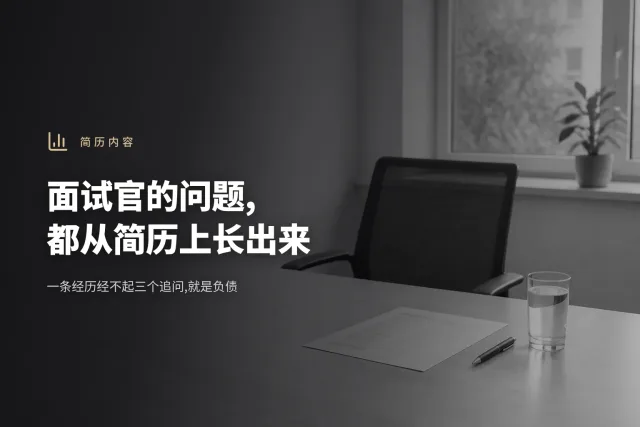 一条简历经历条目向外延伸出三个面试追问的示意