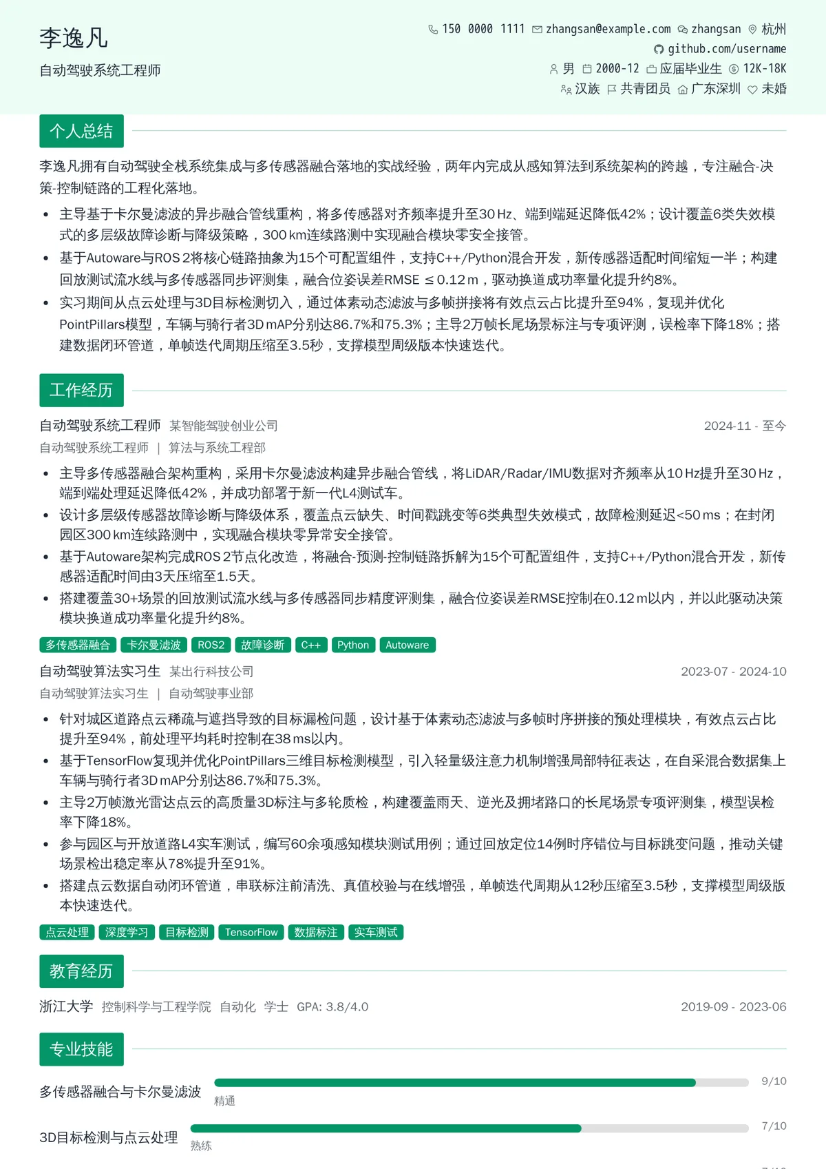 2026年最新初级自动驾驶系统工程师简历模板