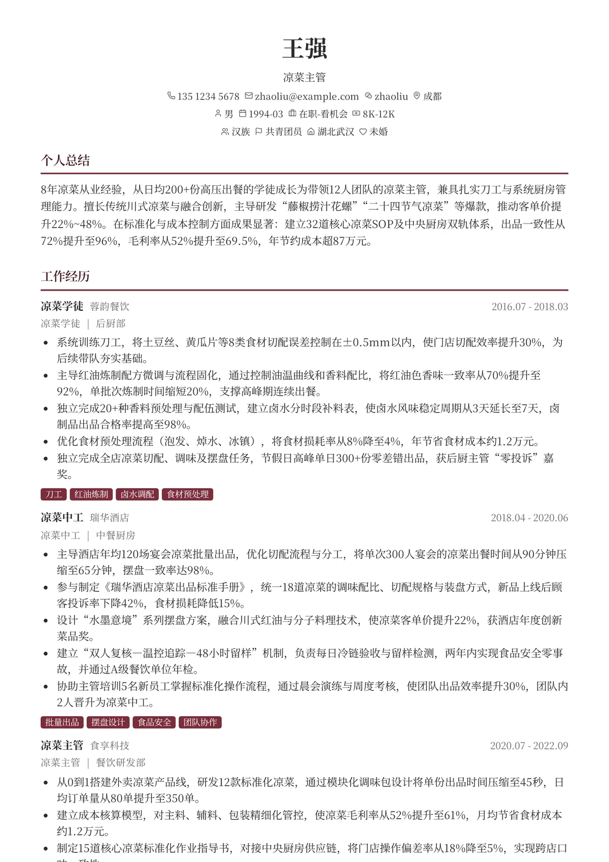2026年最新凉菜主管简历模板