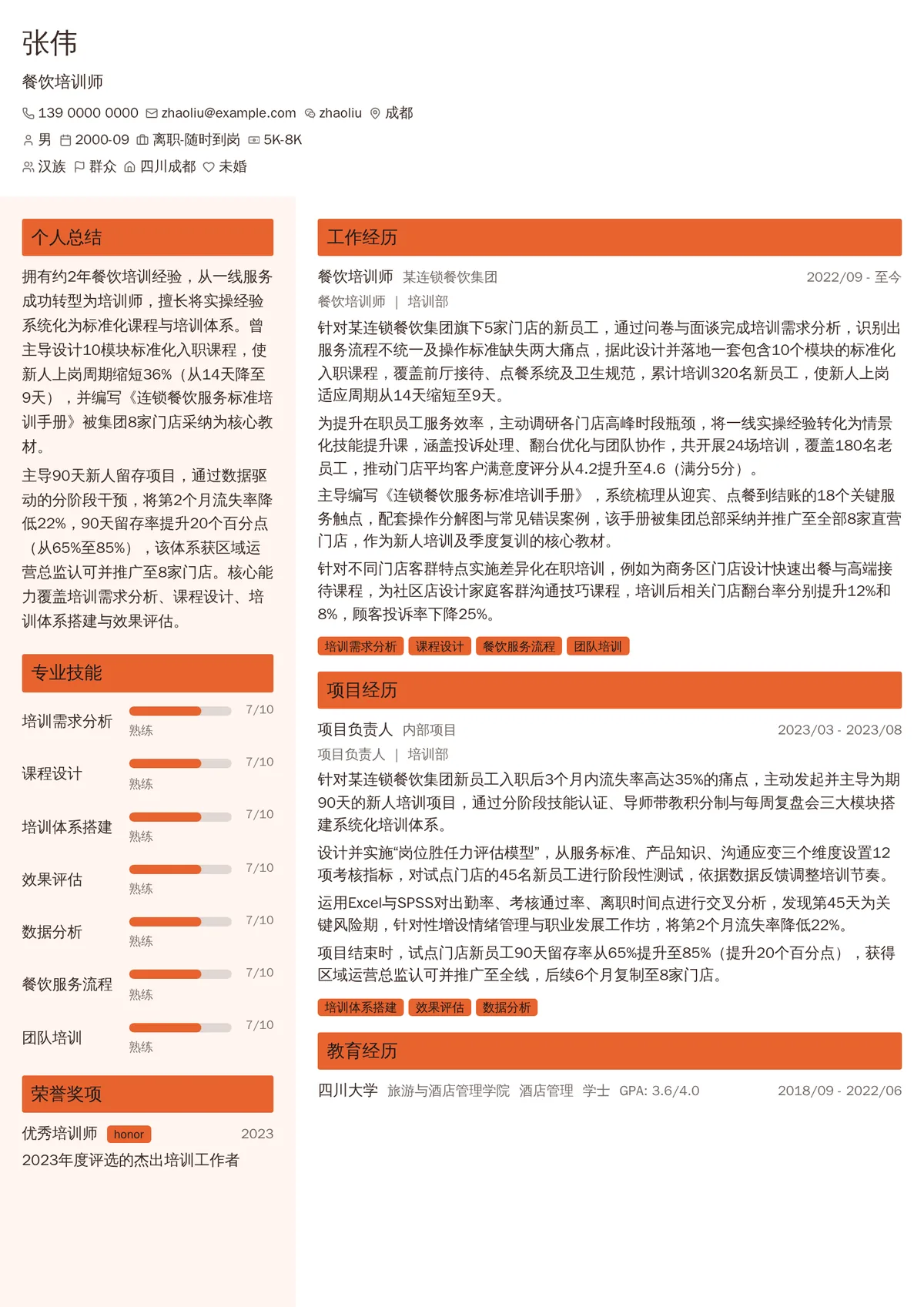 2026年最新初级餐饮培训师简历模板