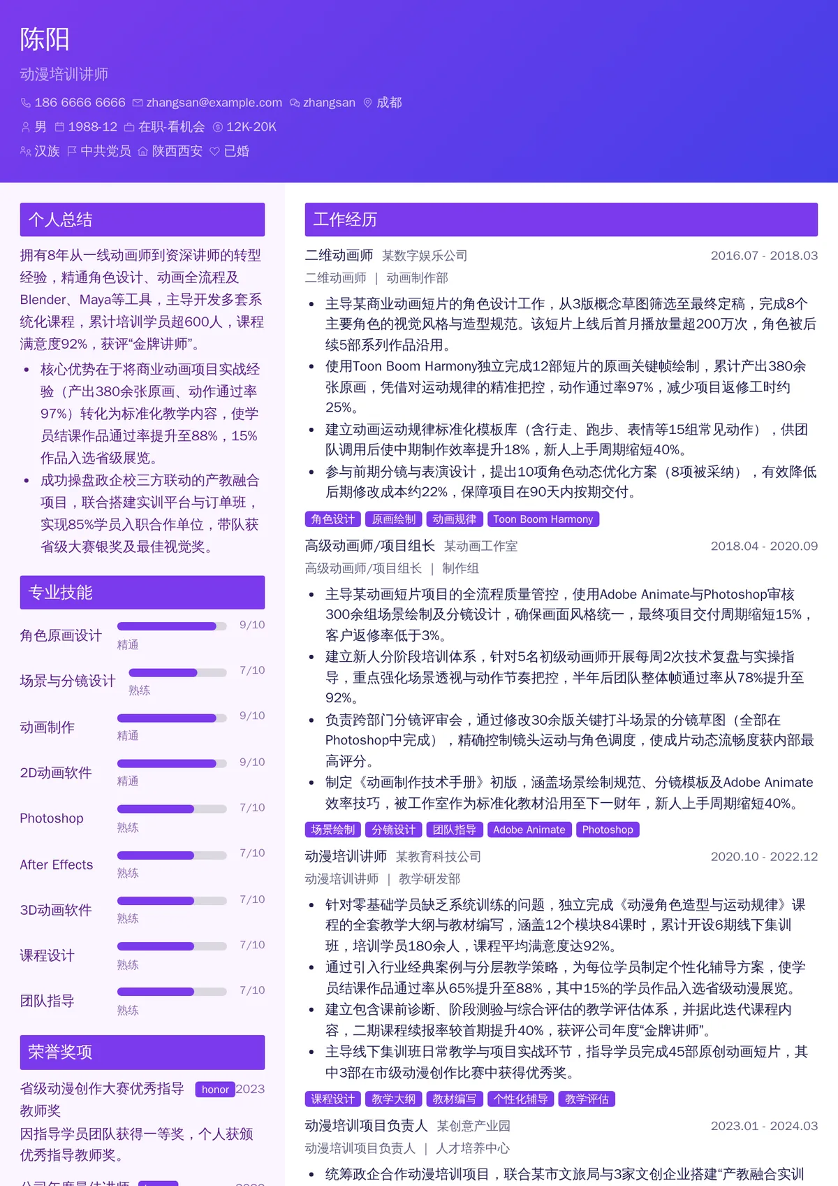 2026年最新高级动漫培训讲师简历模板