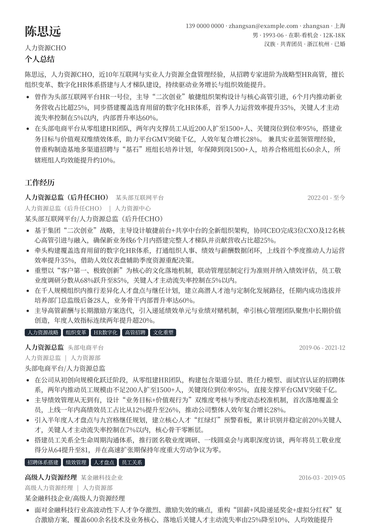 2026年最新人力资源CHO简历模板