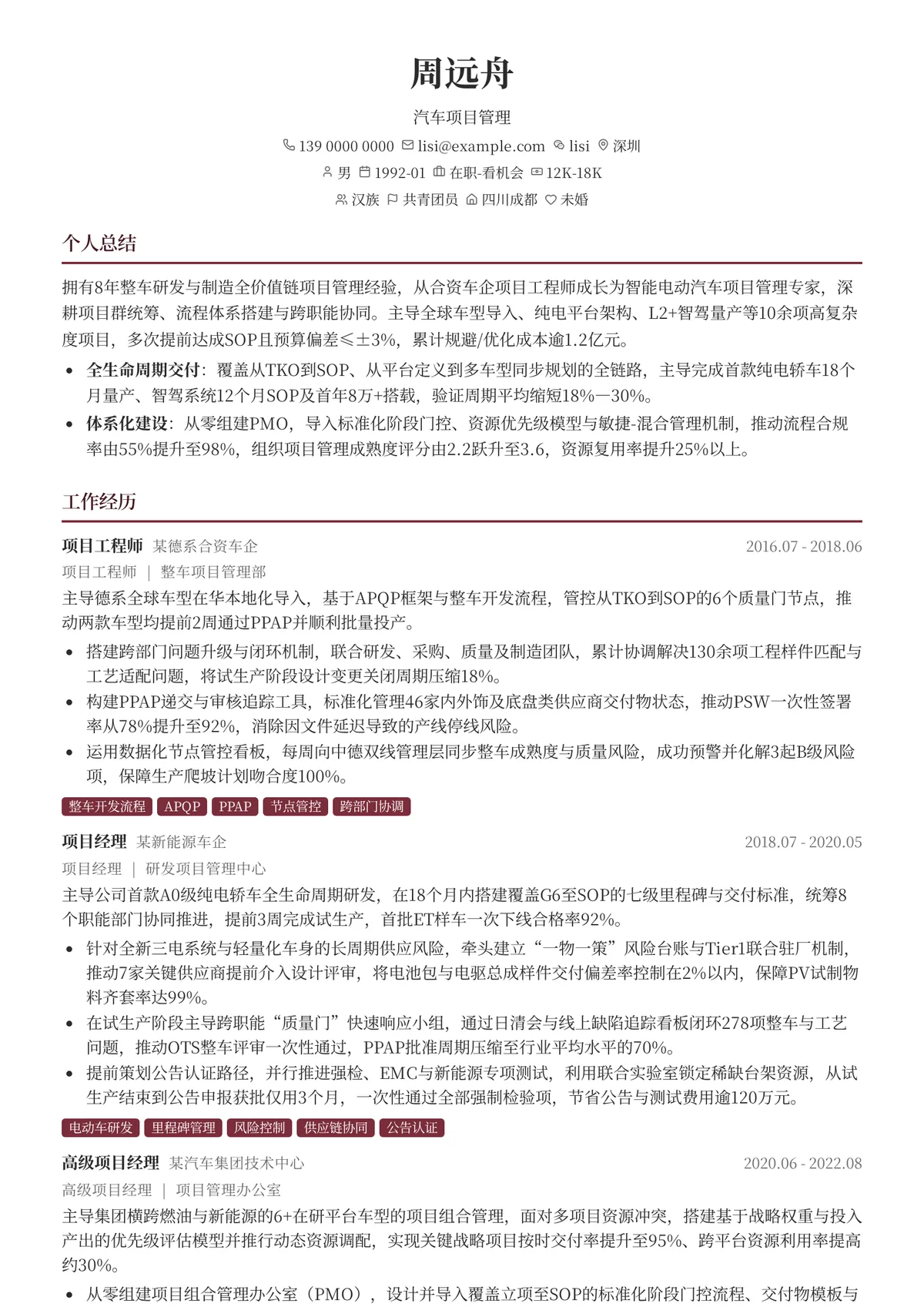 2026年最新汽车项目管理简历模板
