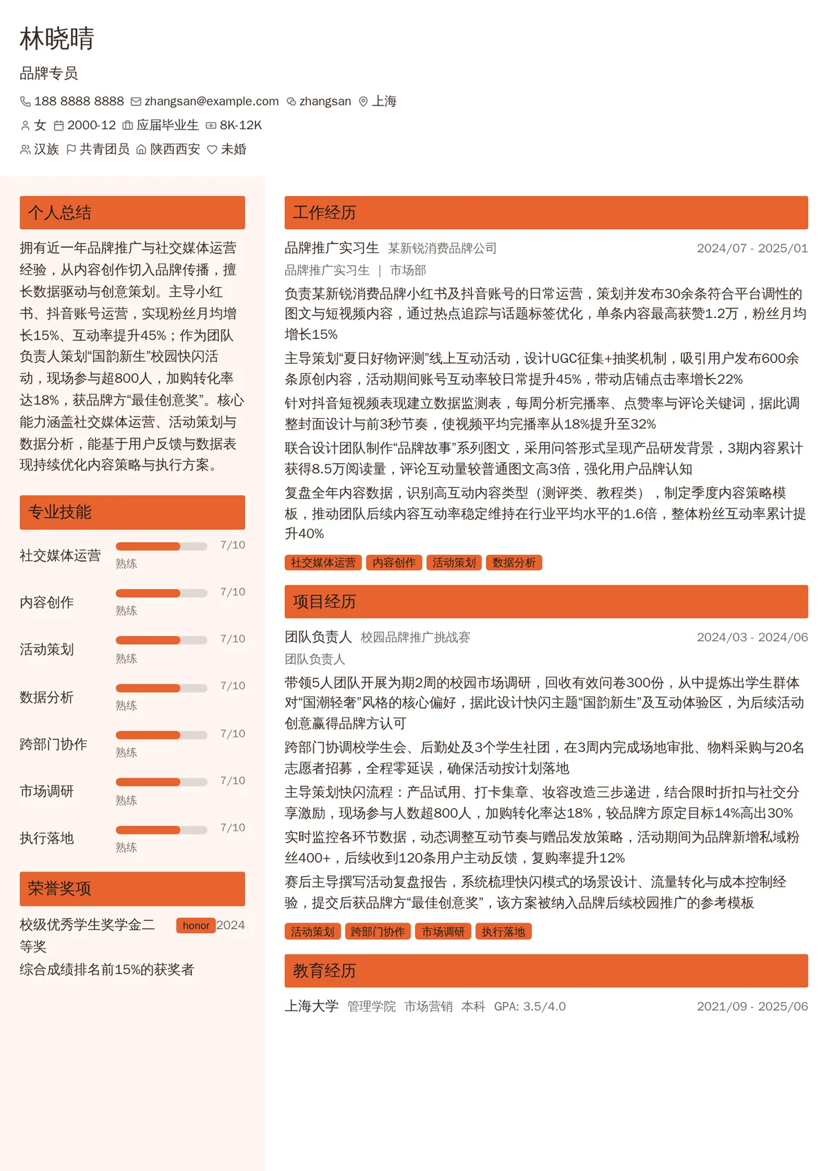 2026年最新初级品牌专员简历模板