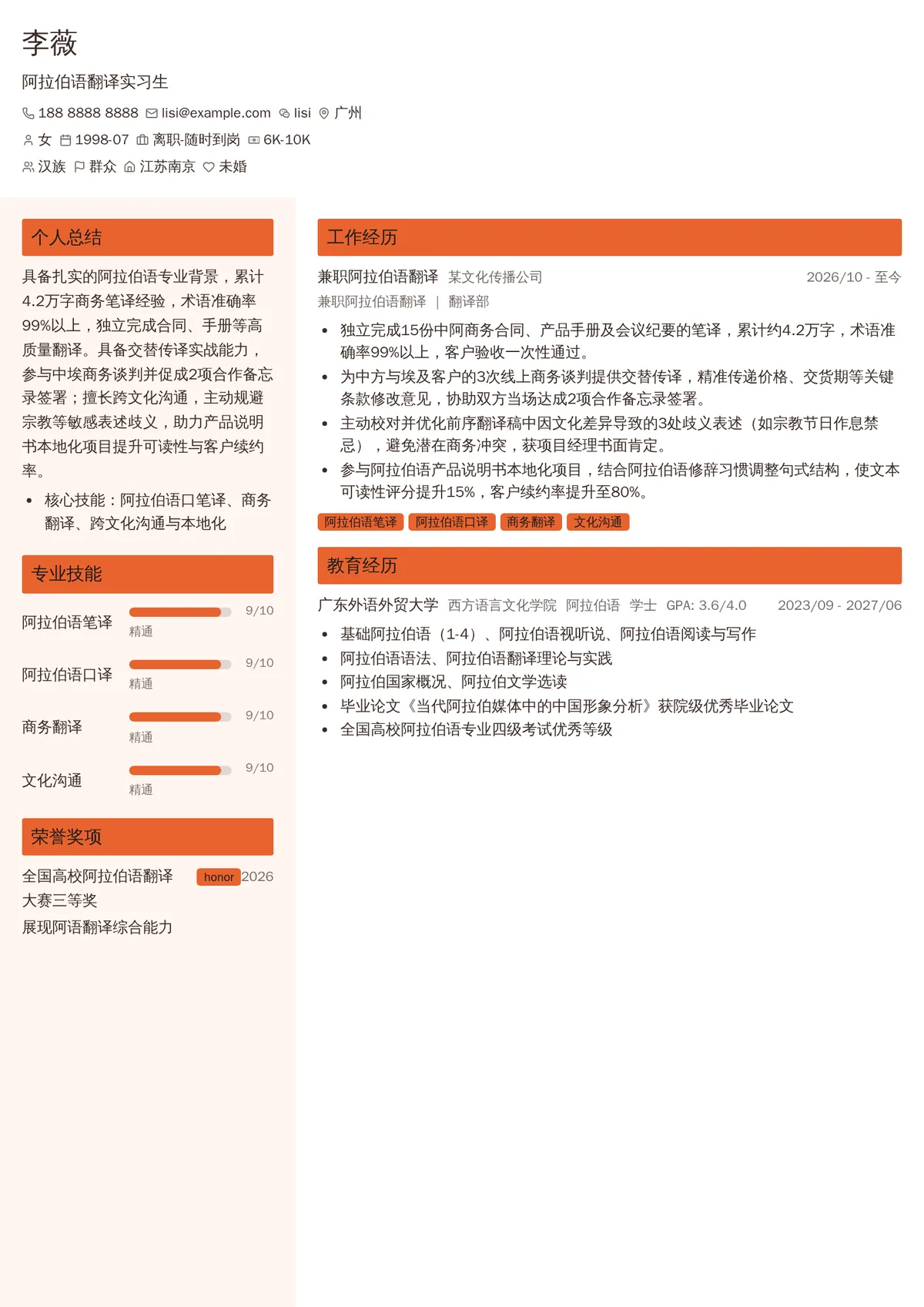 2026年最新阿拉伯语翻译实习生简历模板