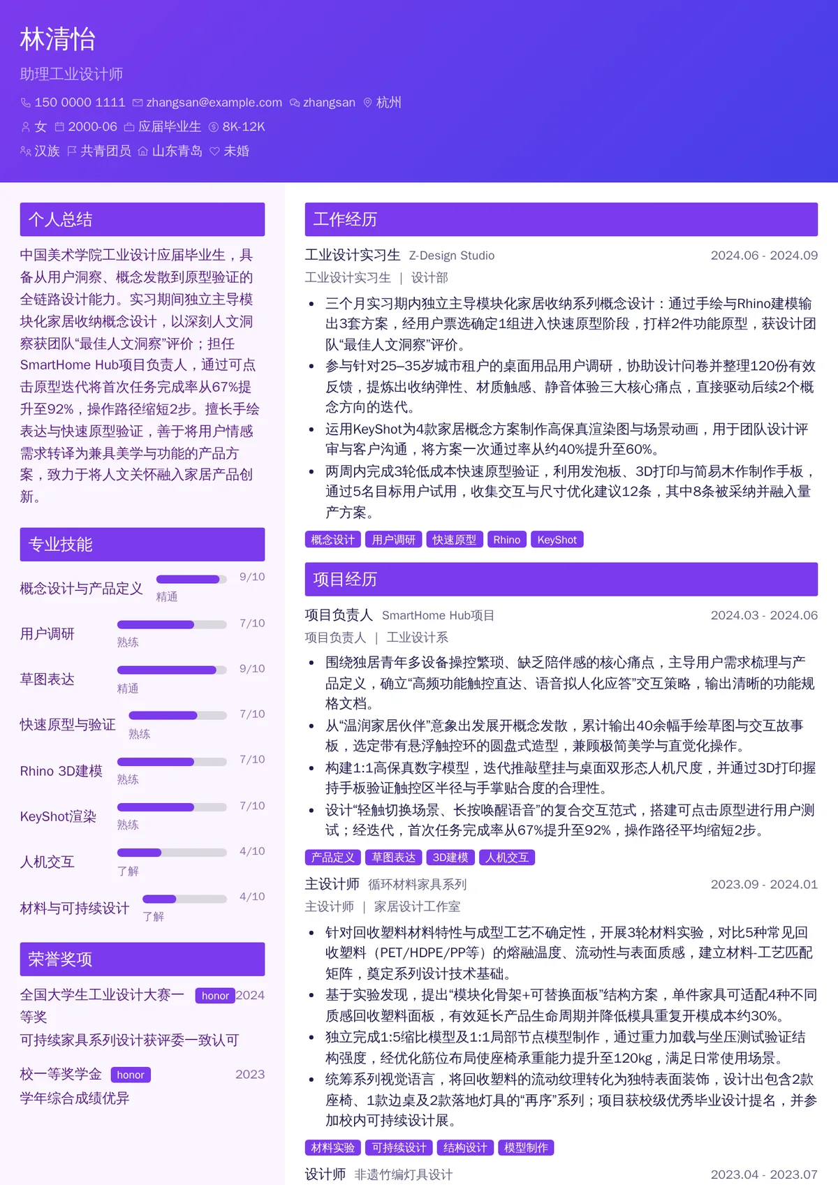 2026年最新助理工业设计师简历模板