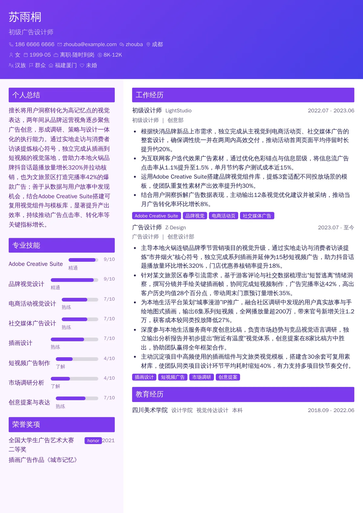 2026年最新初级广告设计师简历模板