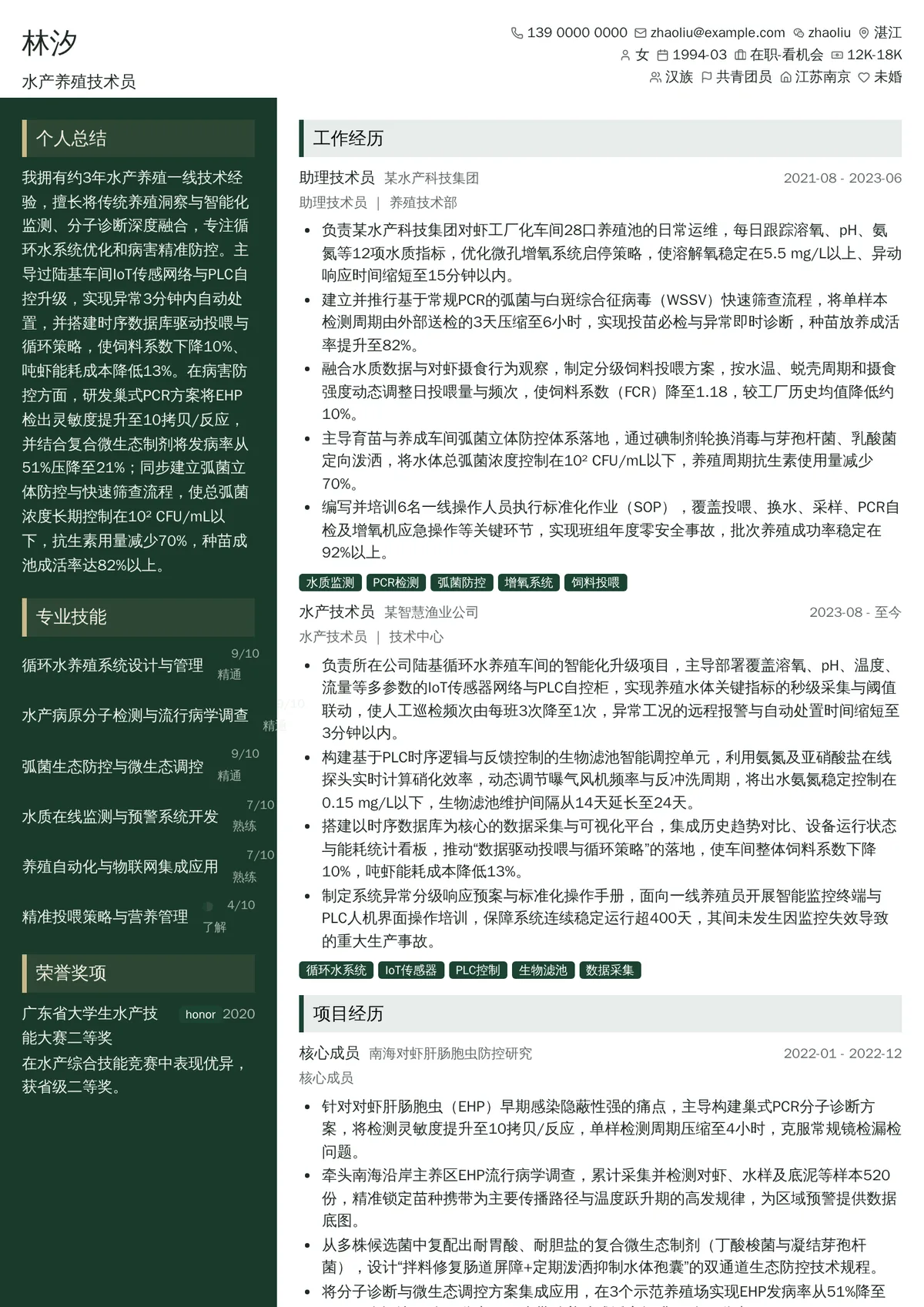 2026年最新中级水产养殖技术员简历模板