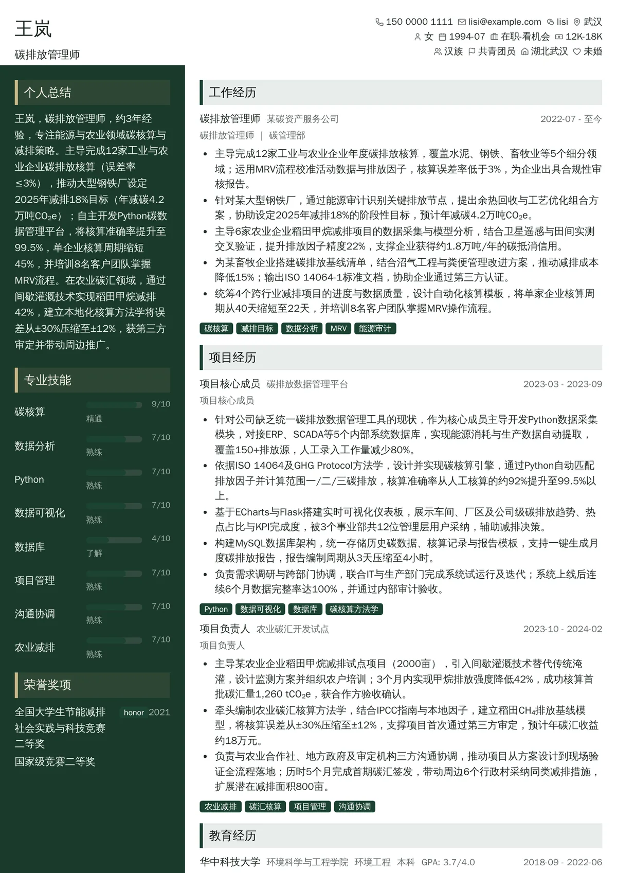 2026年最新碳排放管理师简历模板