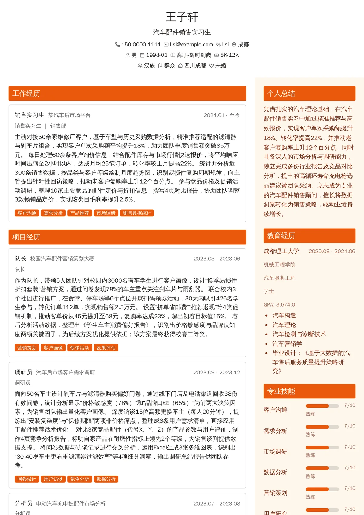 2026年最新汽车配件销售实习生简历模板