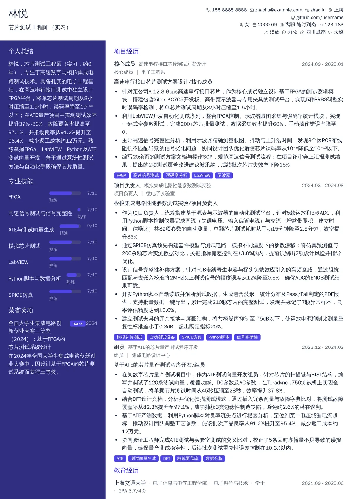 2026年最新芯片测试工程师（实习）简历模板