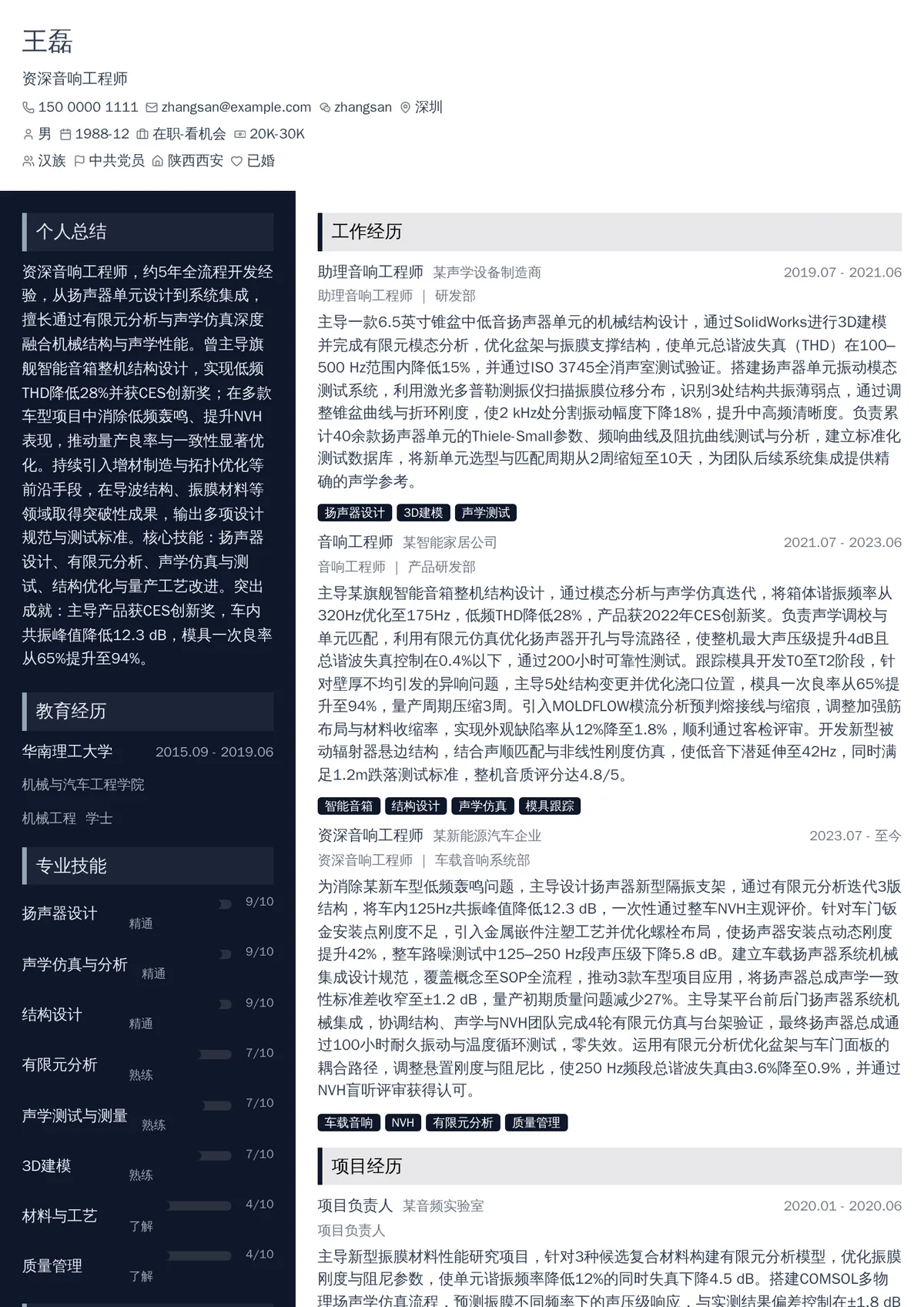 2026年最新资深音响工程师简历模板