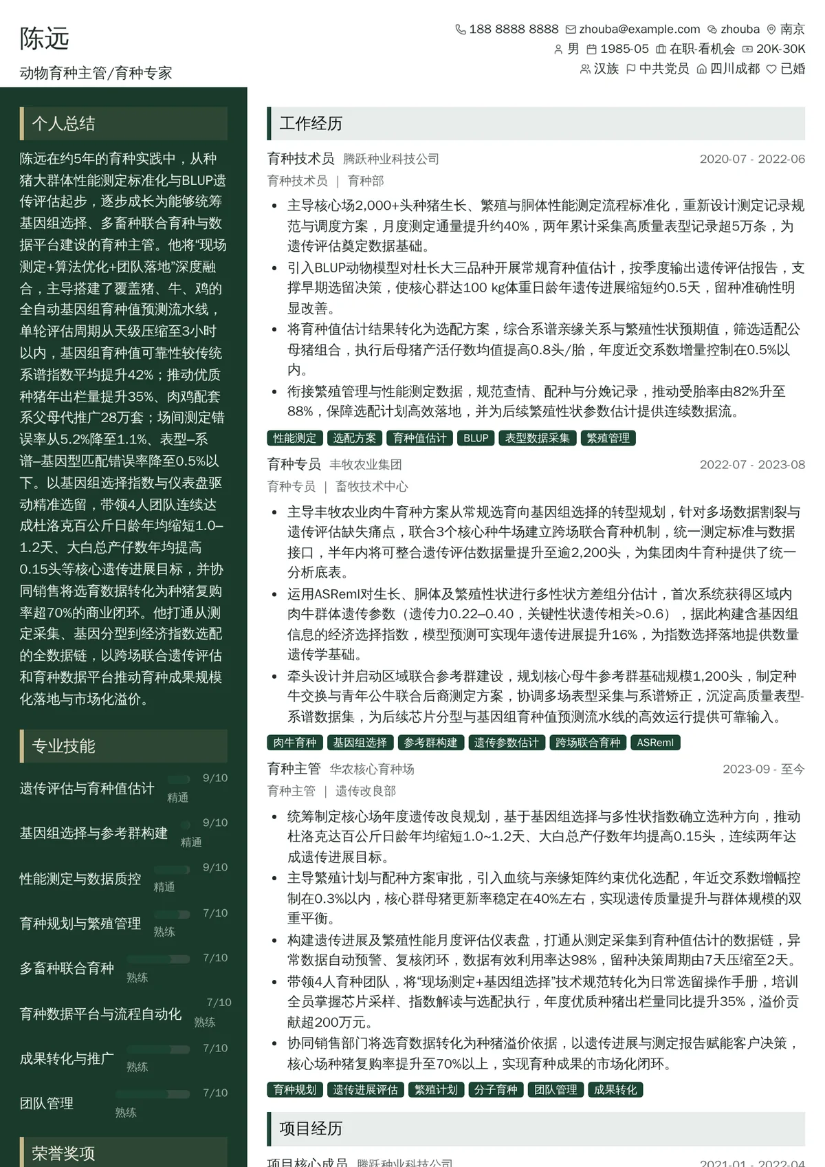 2026年最新动物育种主管/育种专家简历模板
