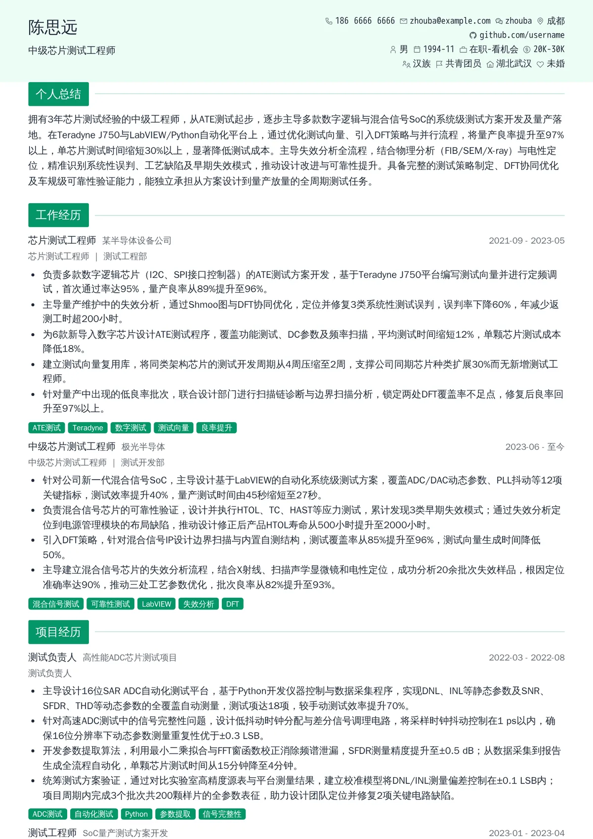 2026年最新中级芯片测试工程师简历模板