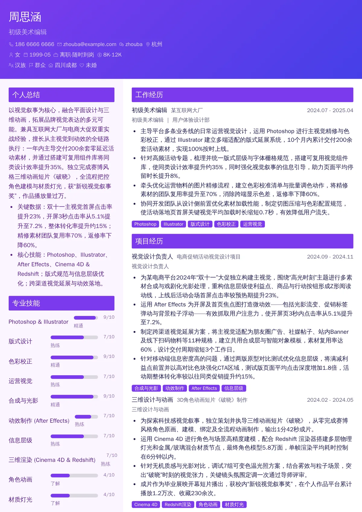 2026年最新初级美术编辑简历模板