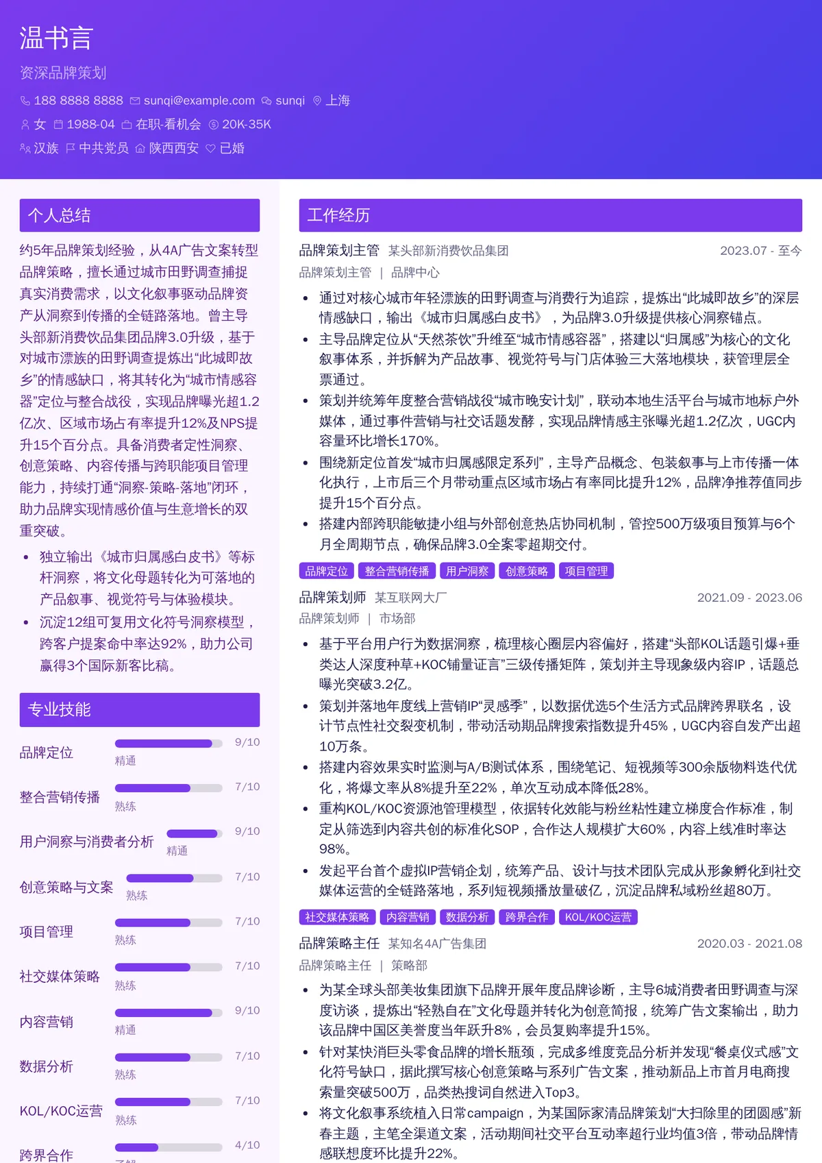 2026年最新资深品牌策划简历模板
