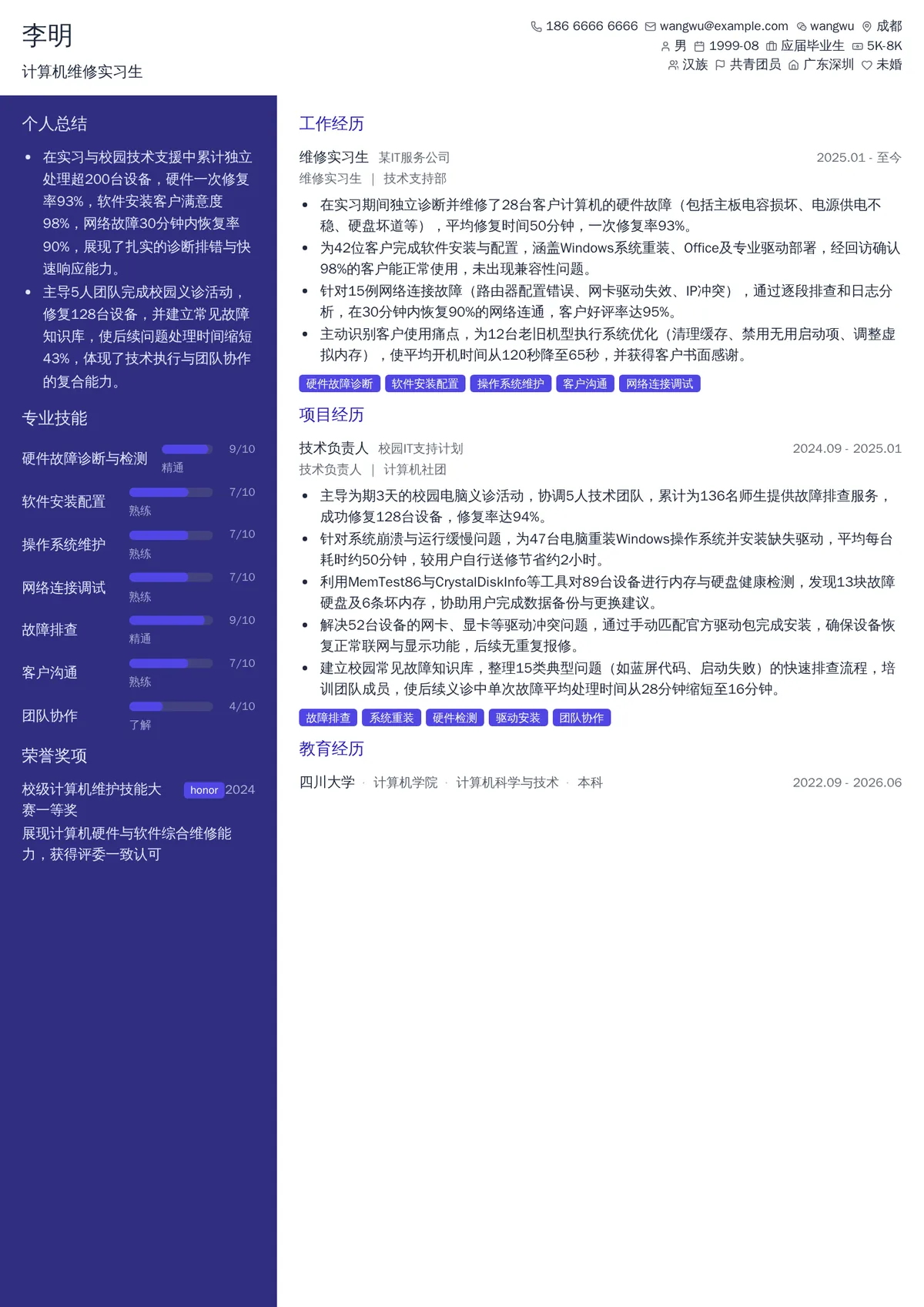 2026年最新计算机维修实习生简历模板