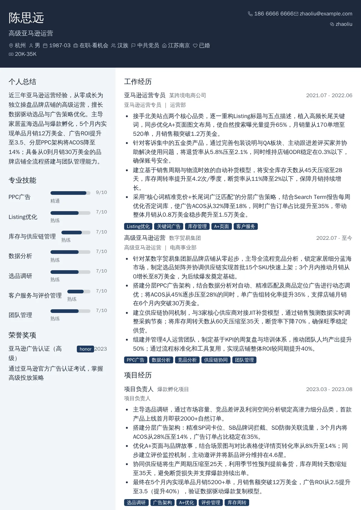 2026年最新高级亚马逊运营简历模板