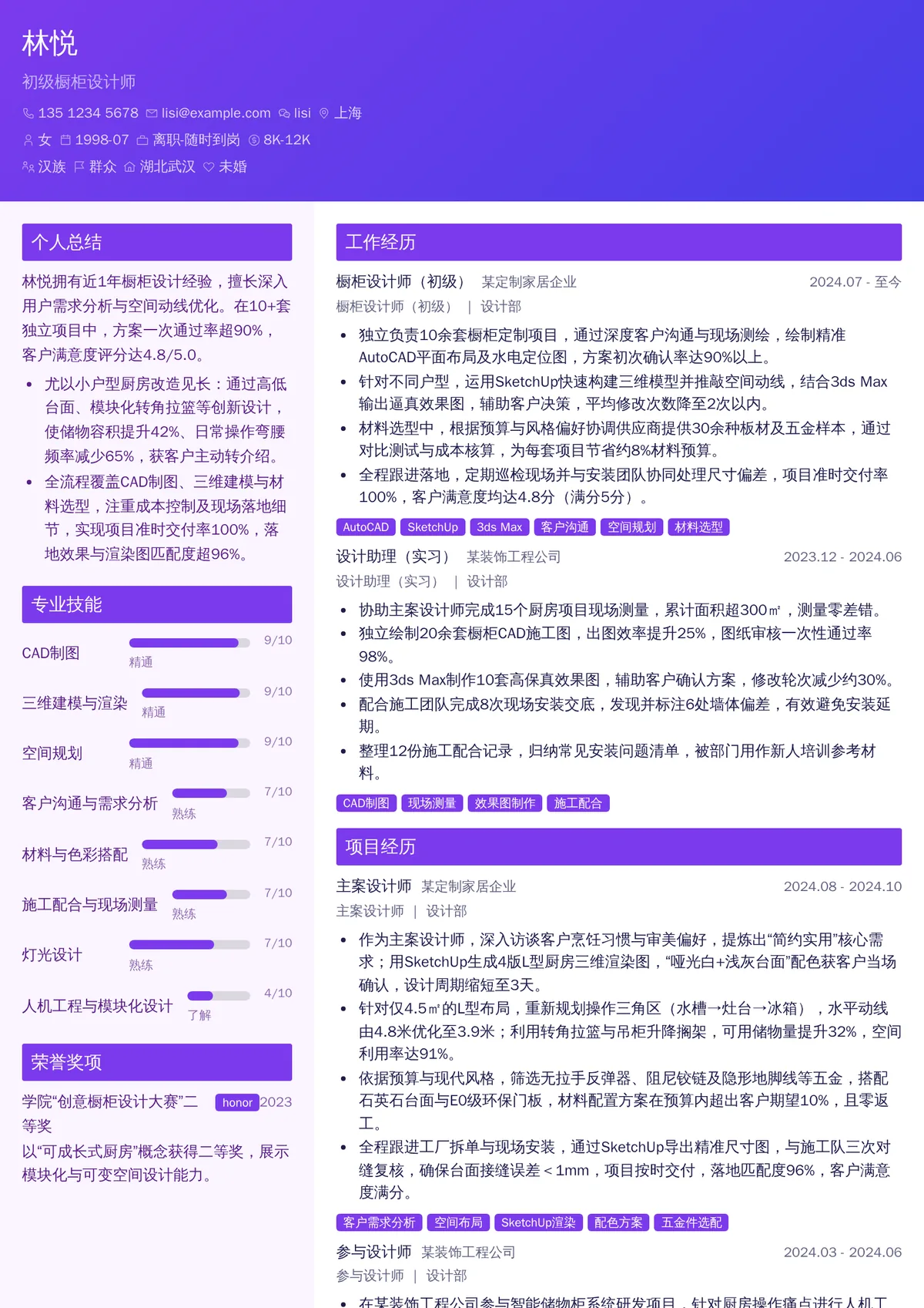 2026年最新初级橱柜设计师简历模板