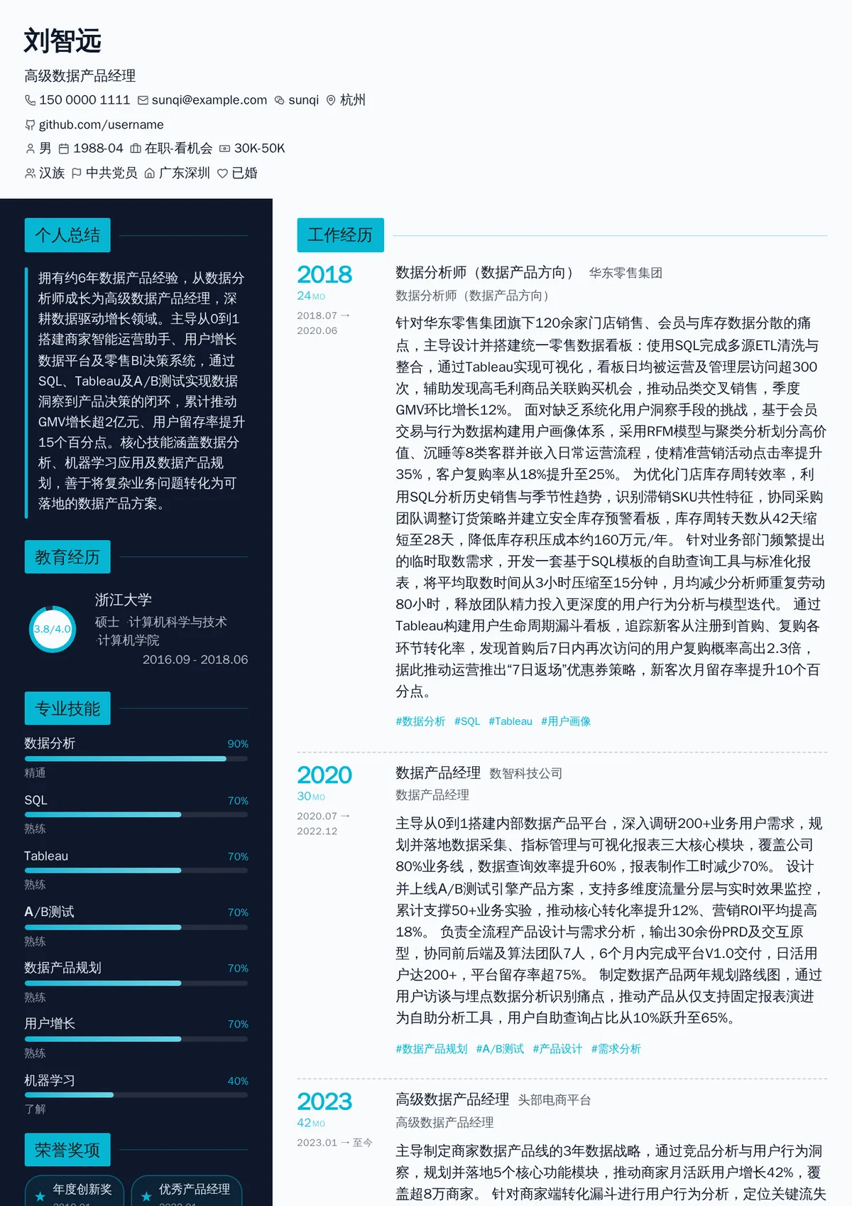 2026年最新高级数据产品经理简历模板