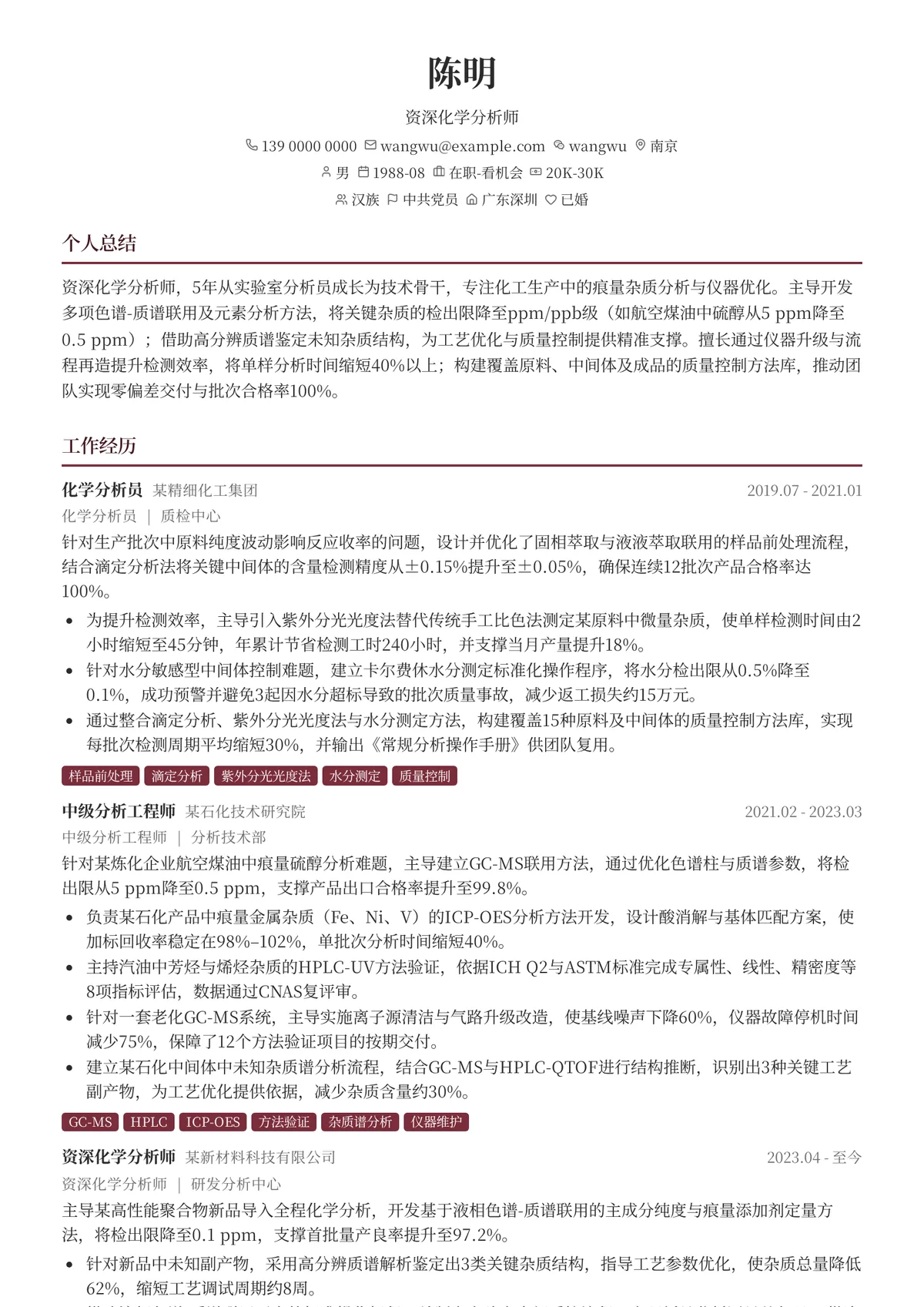 2026年最新资深化学分析师简历模板