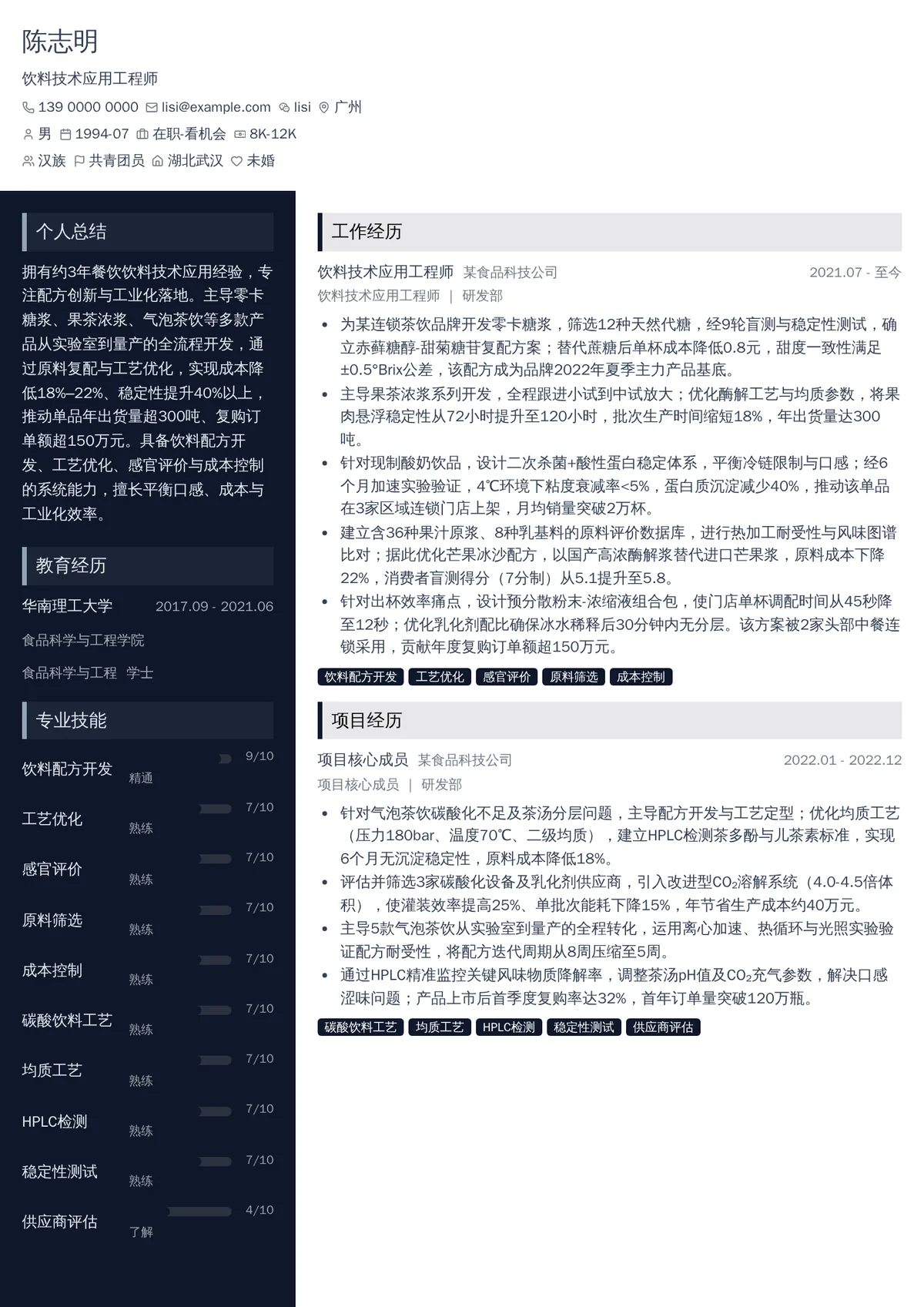 2026年最新饮料技术应用工程师简历模板