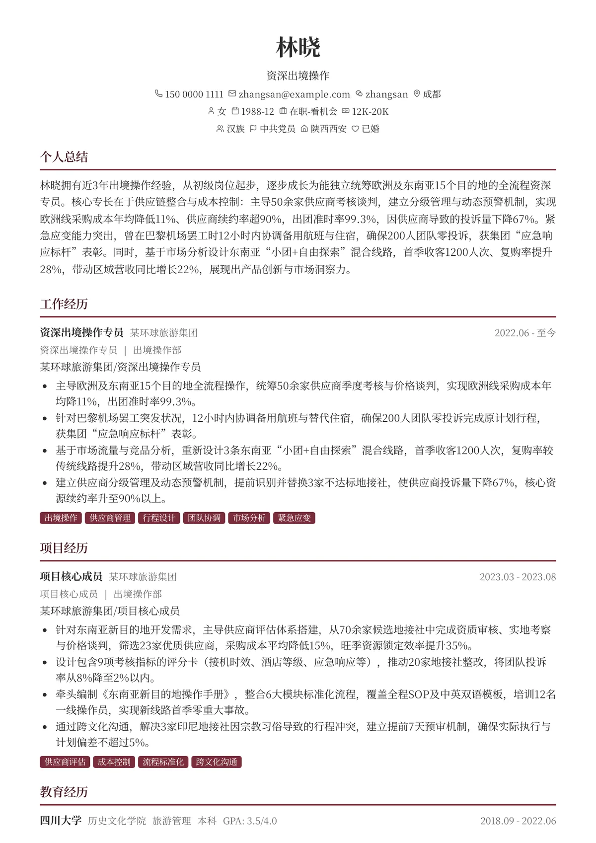 2026年最新资深出境操作简历模板