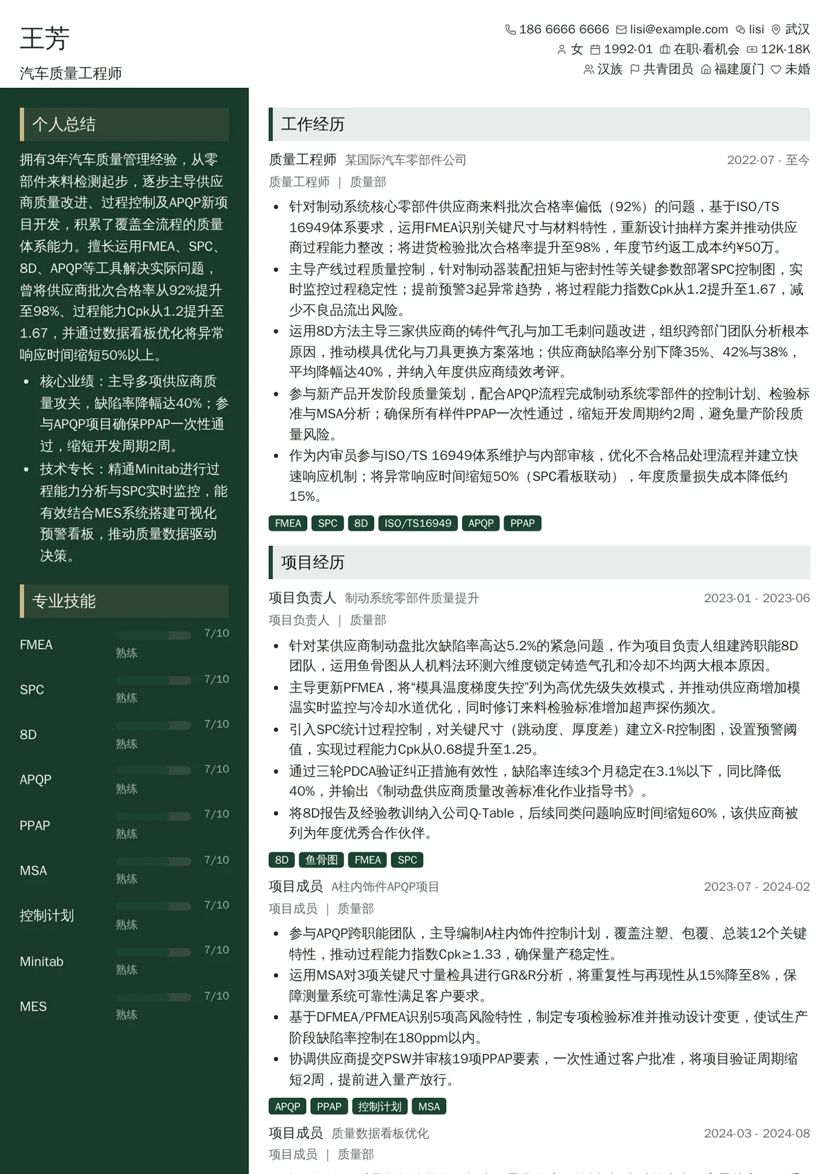 2026年最新汽车质量工程师简历模板