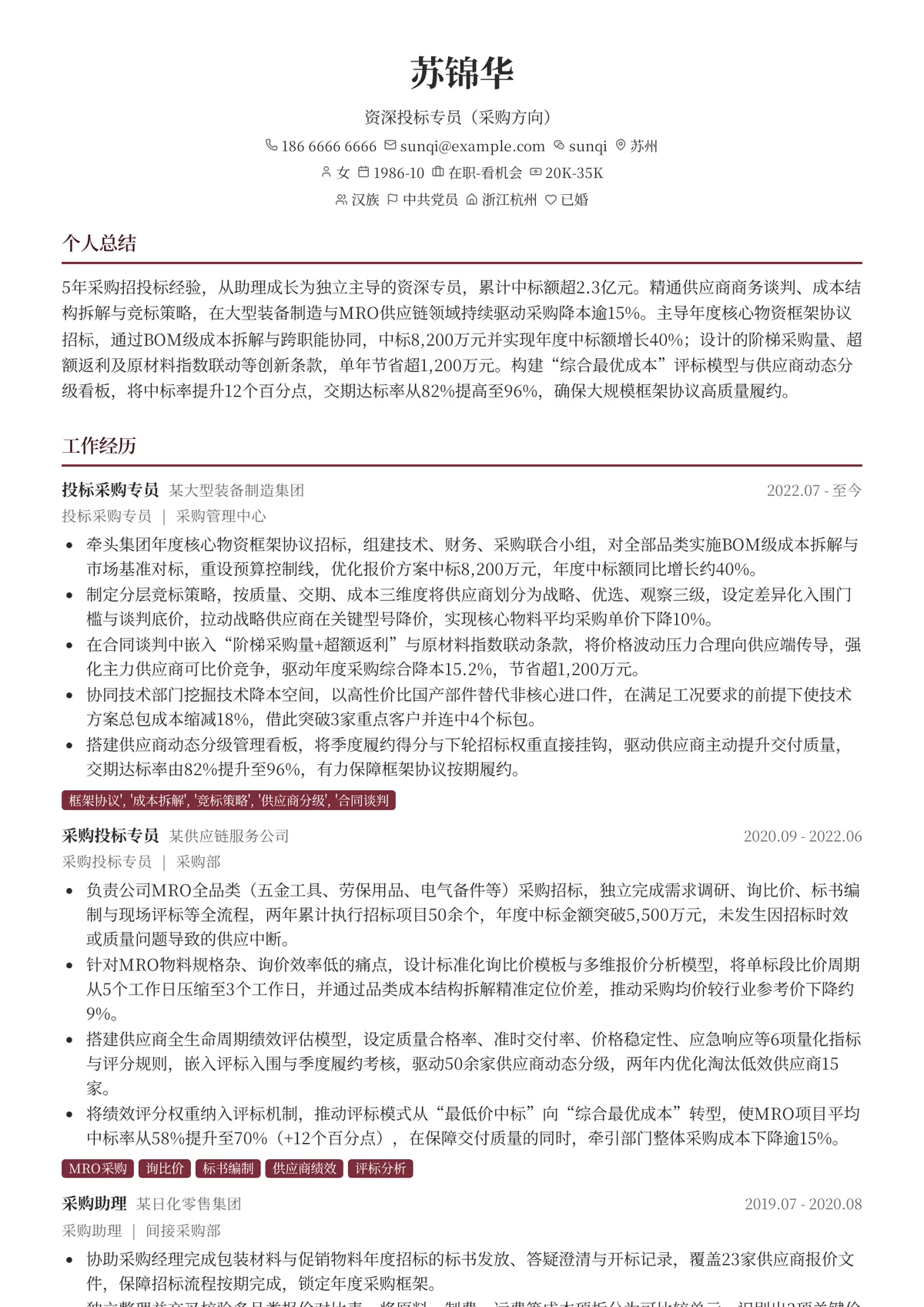 2026年最新资深投标专员（采购方向）简历模板