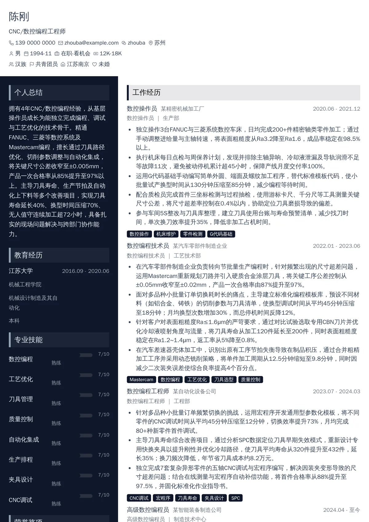 2026年最新中级CNC/数控编程工程师简历模板