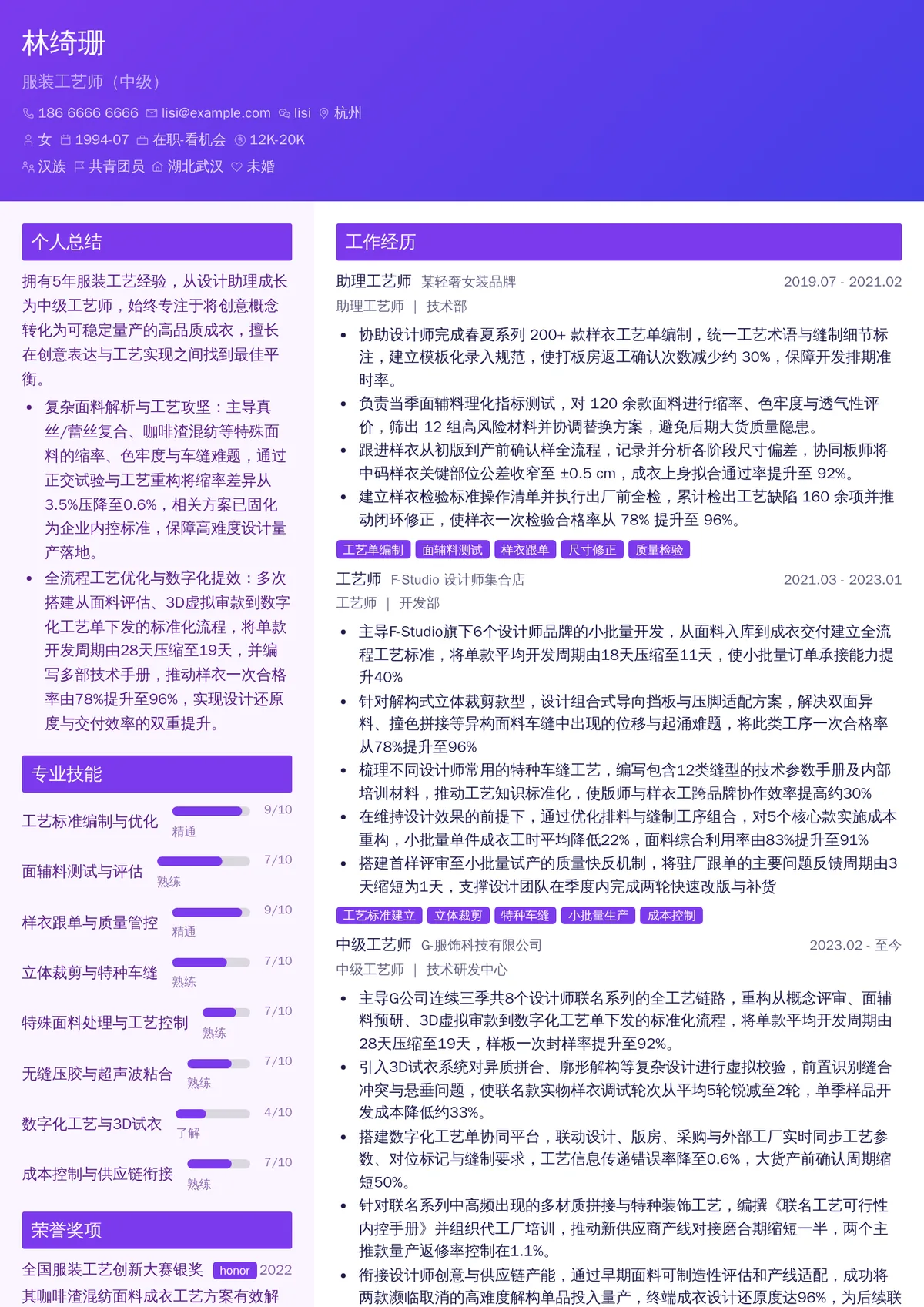 2026年最新服装工艺师（中级）简历模板