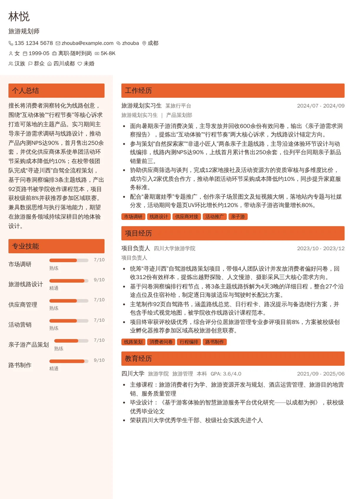 2026年最新实习旅游规划师简历模板