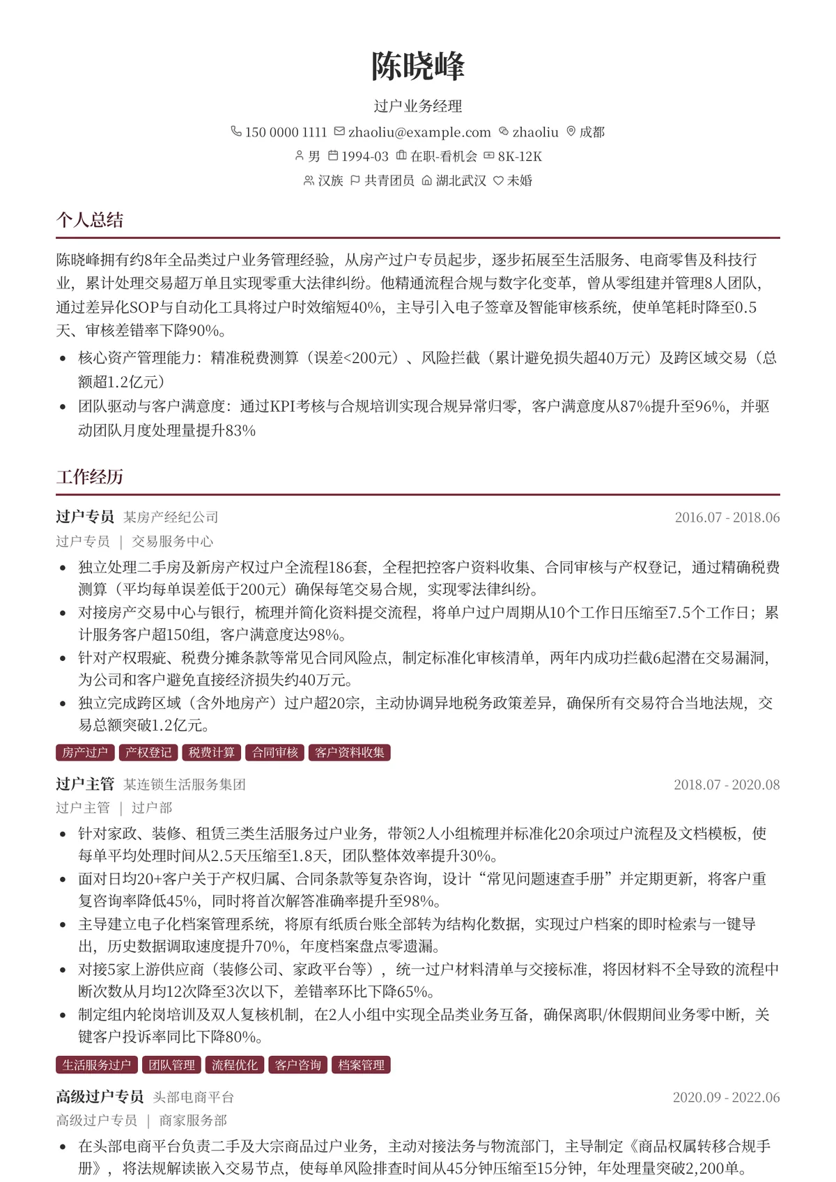 2026年最新过户业务经理简历模板