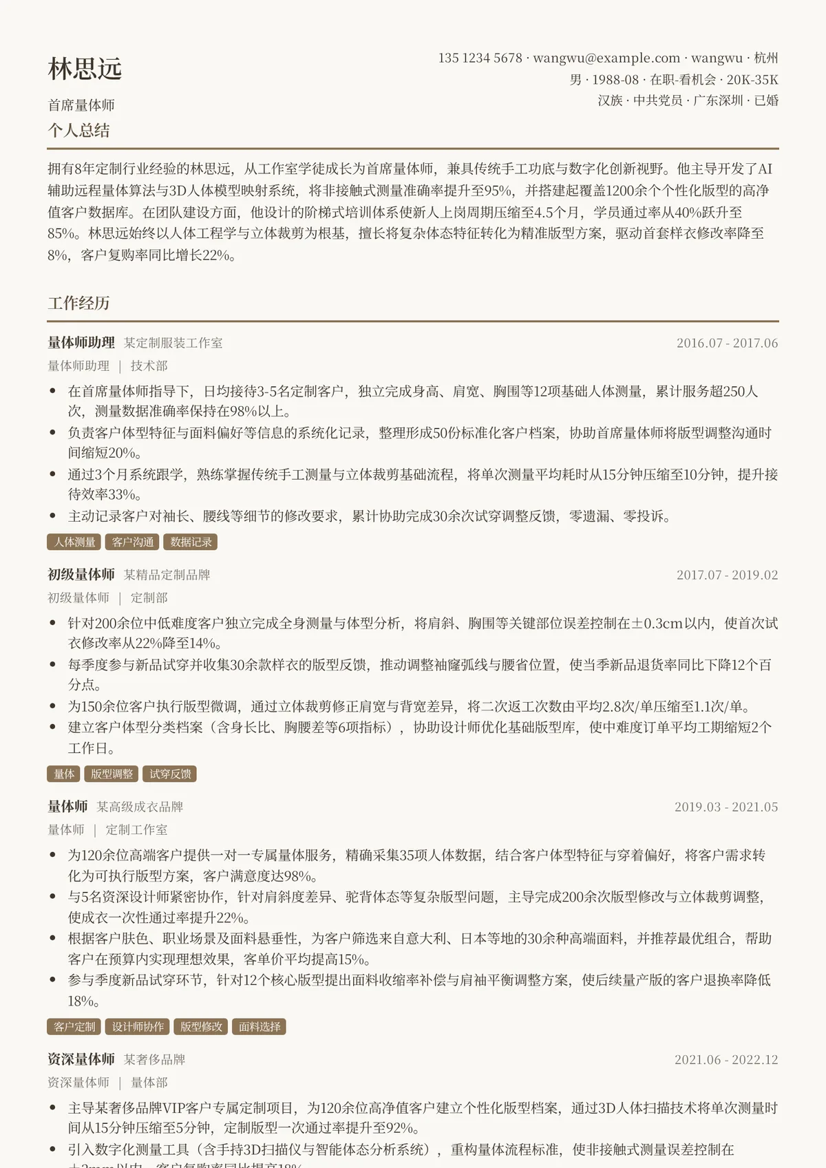 2026年最新首席量体师简历模板