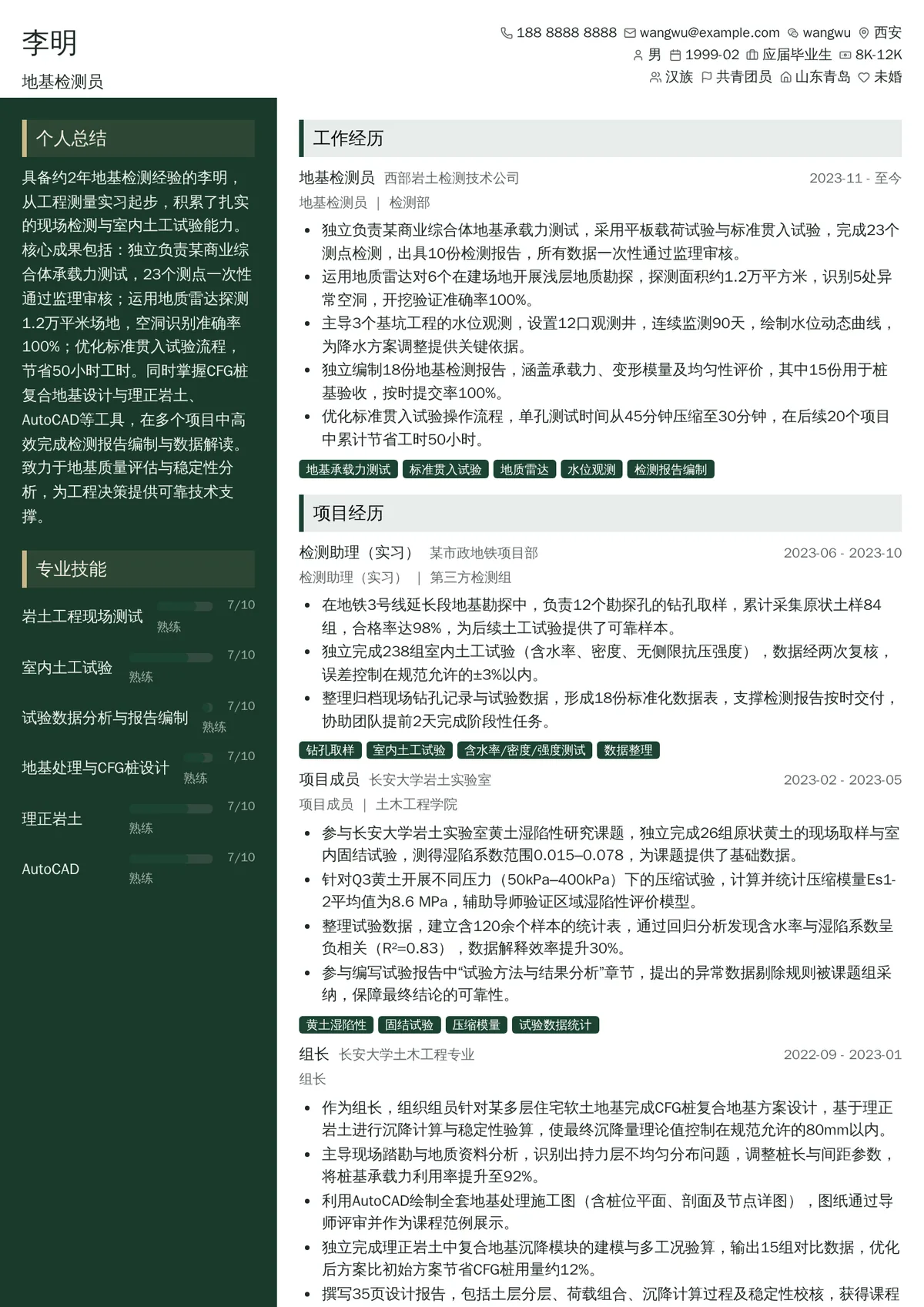 2026年最新初级地基检测员简历模板