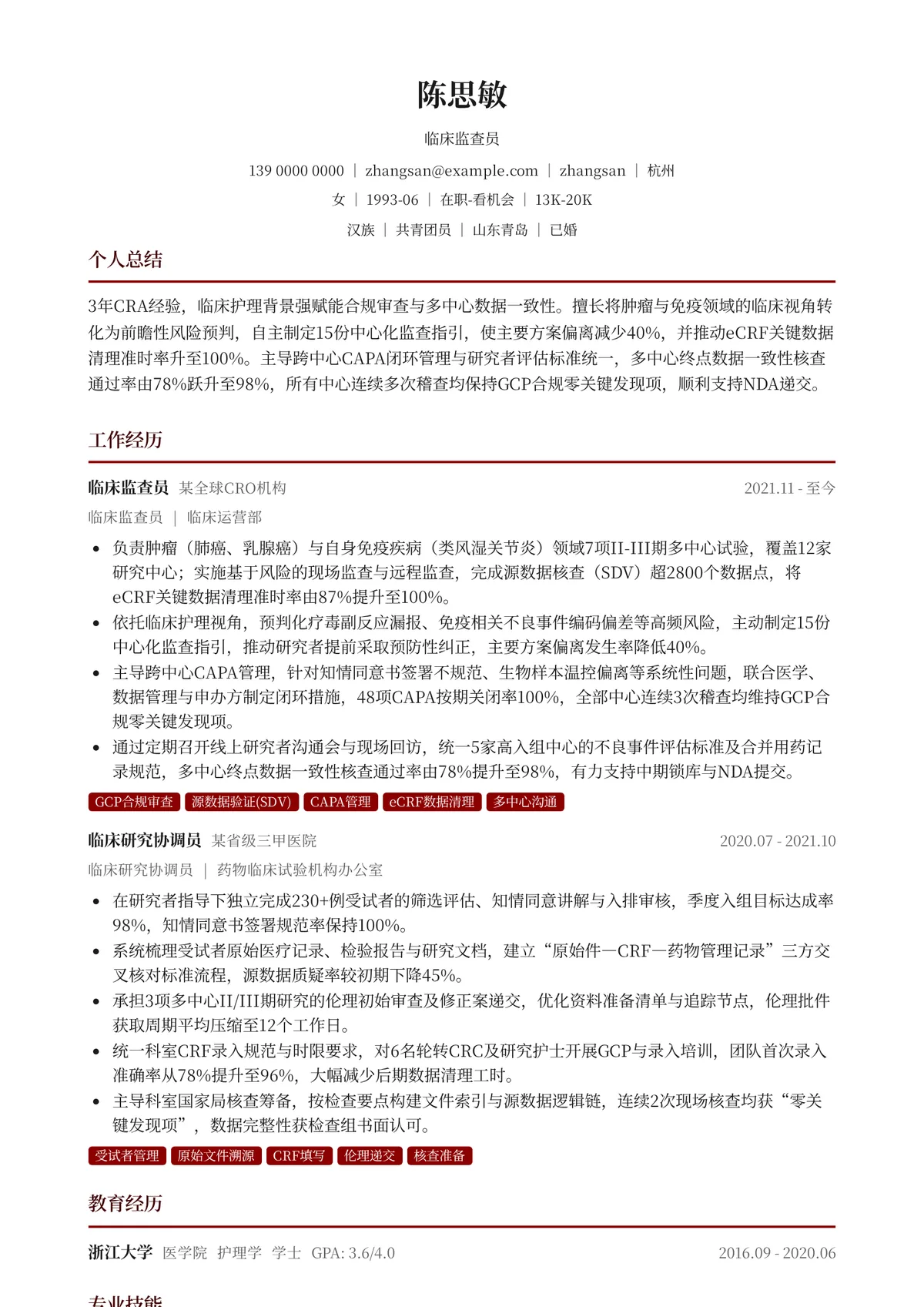 2026年最新临床监查员简历模板