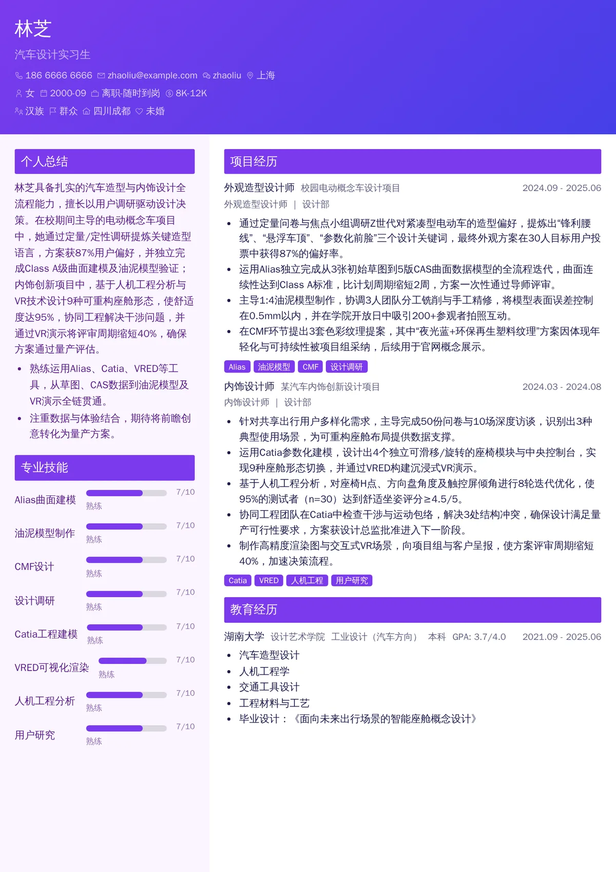 2026年最新汽车设计实习生简历模板