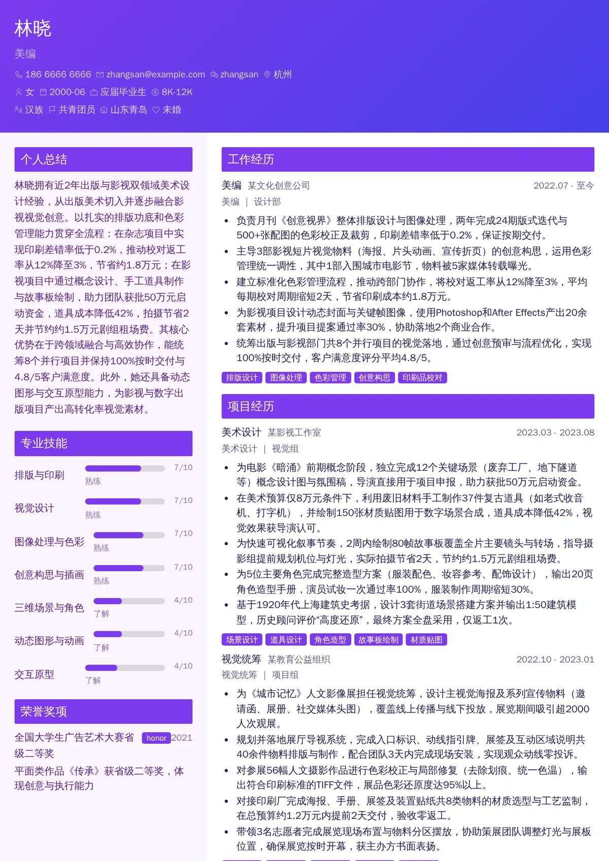 2026年最新初级美编简历模板