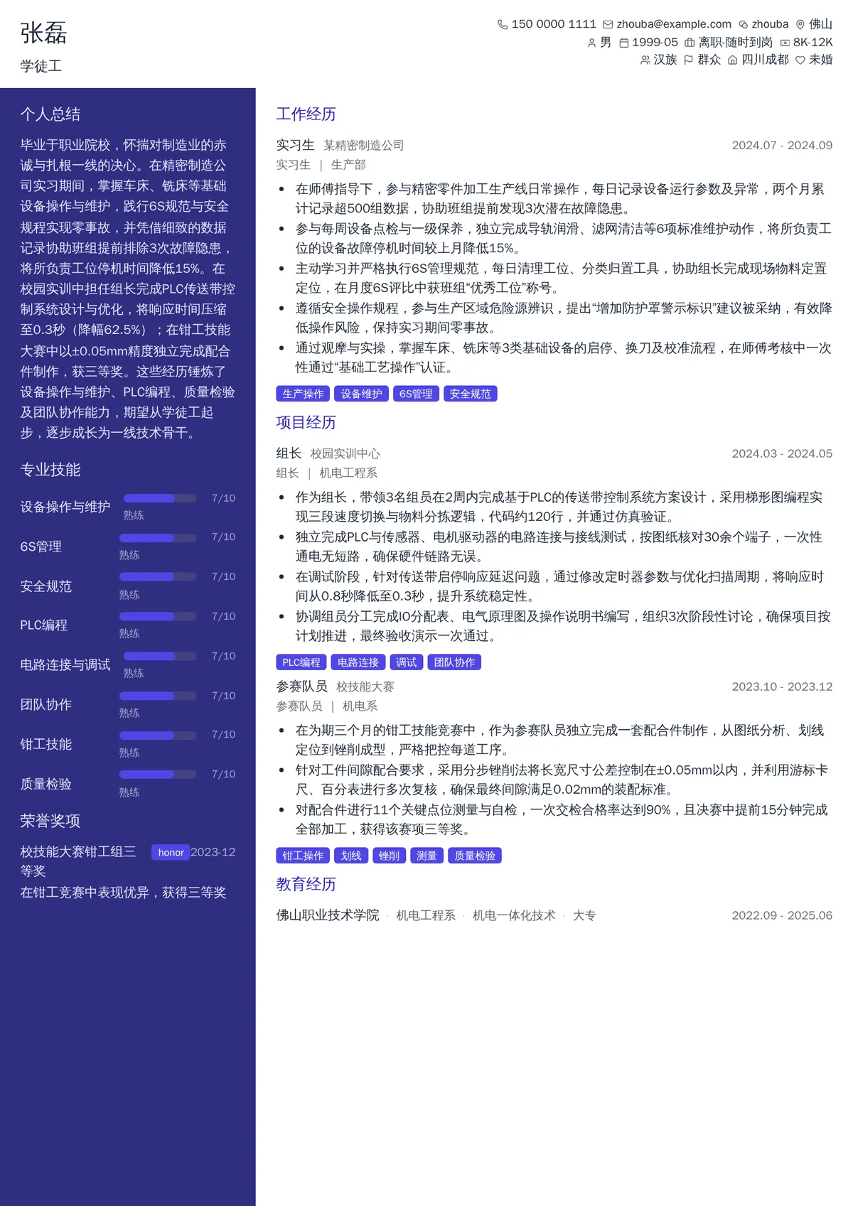 2026年最新学徒工简历模板