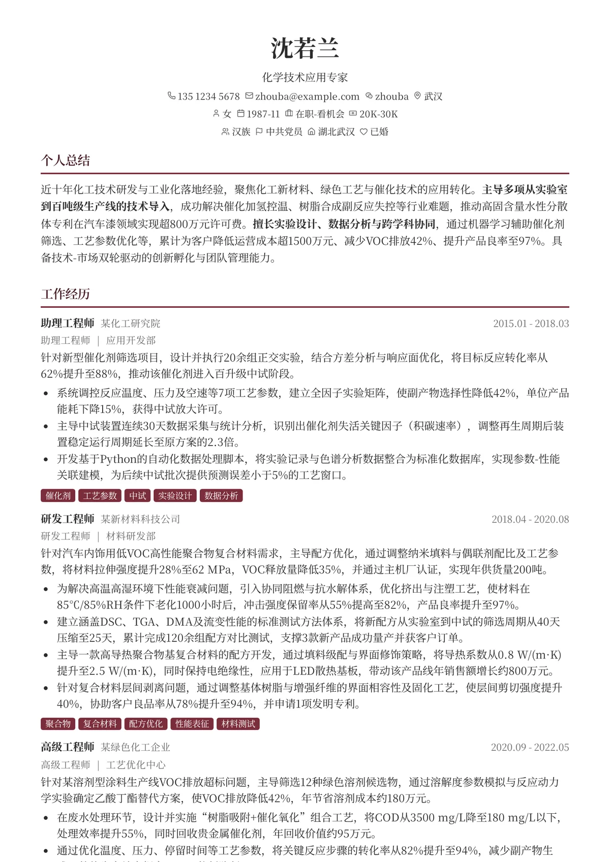2026年最新化学技术应用专家简历模板