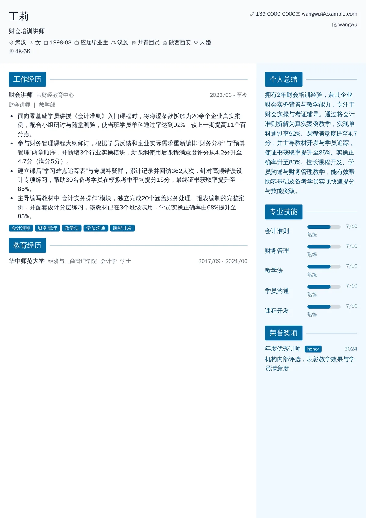 2026年最新初级财会培训讲师简历模板