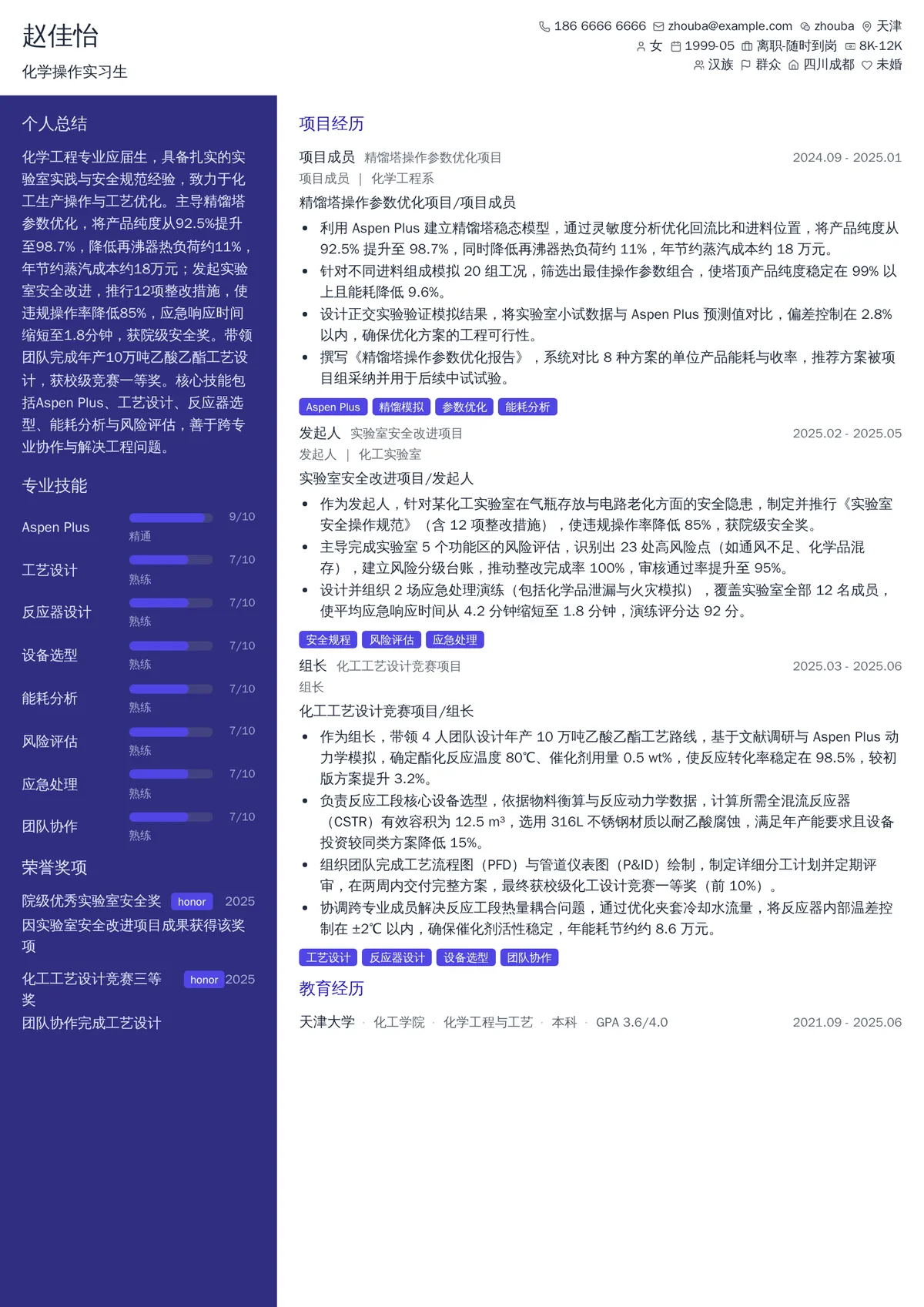 2026年最新化学操作实习生简历模板