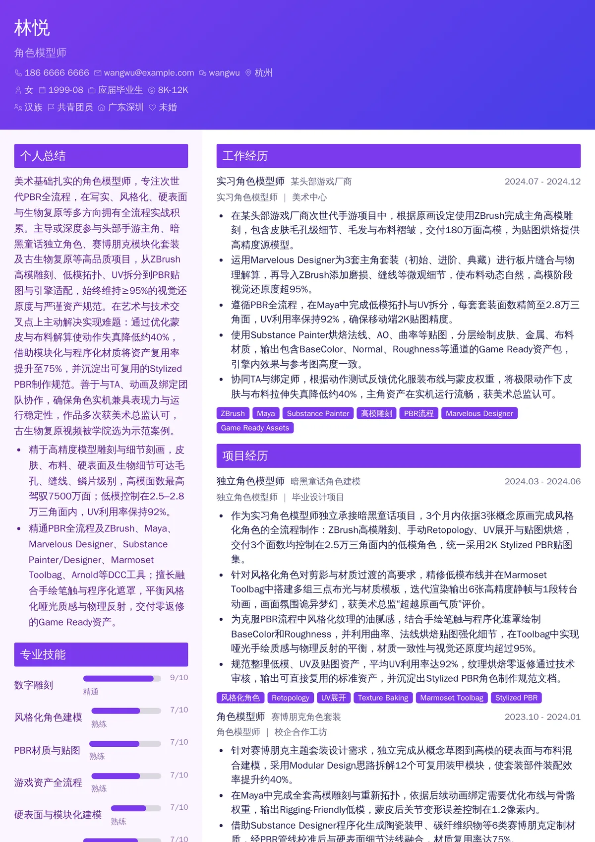2026年最新实习角色模型师简历模板