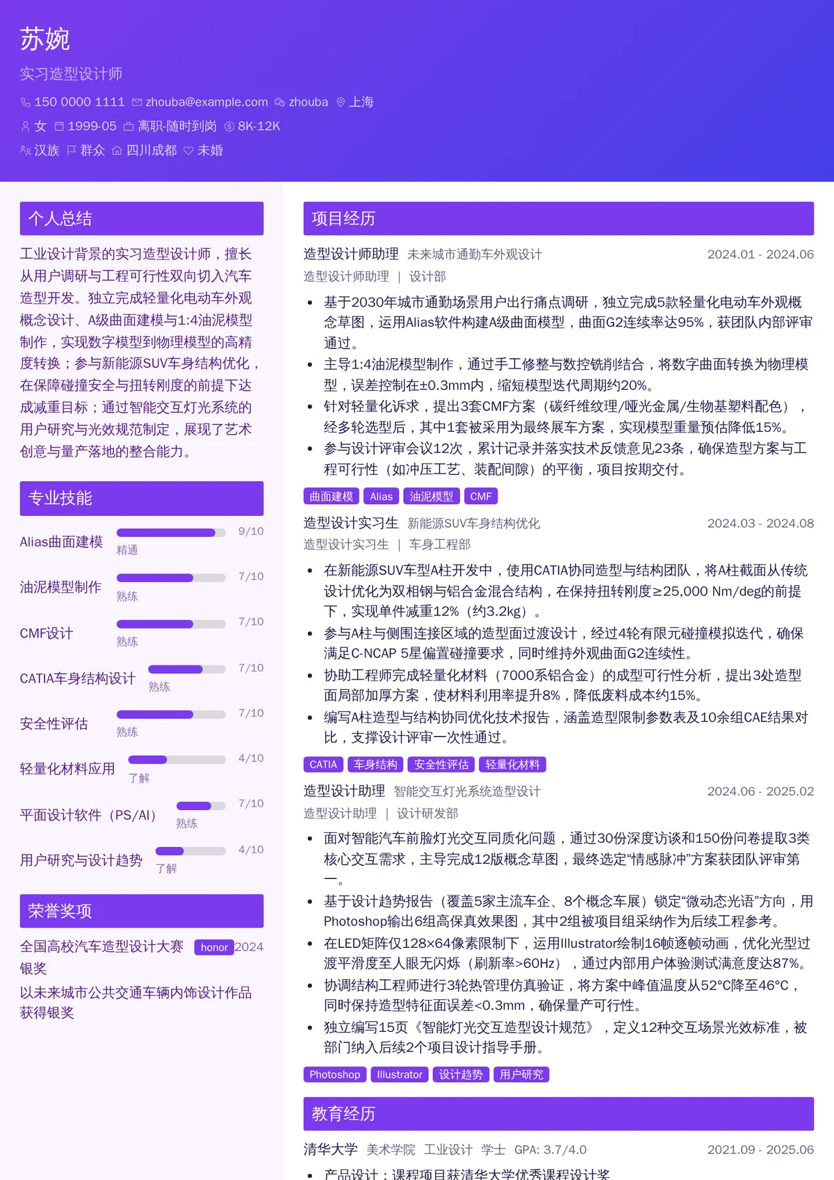 2026年最新实习造型设计师简历模板