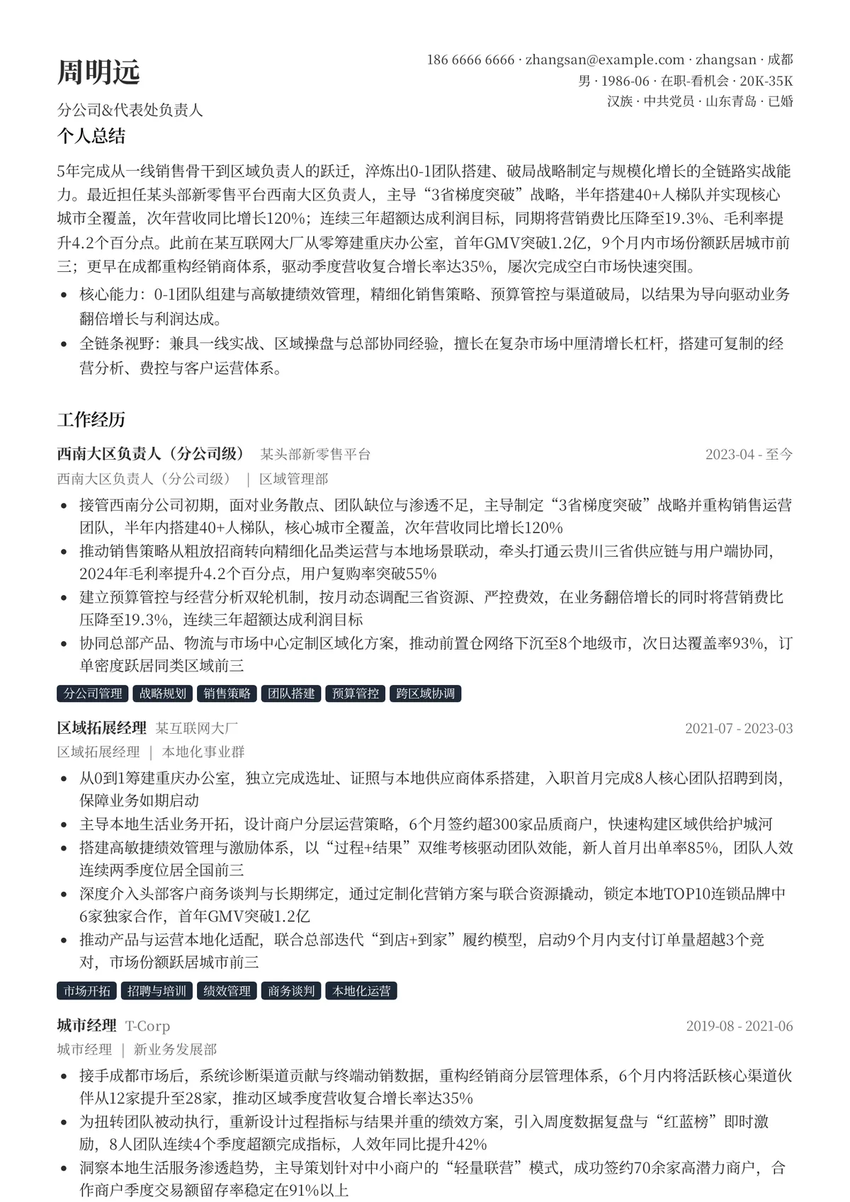 2026年最新分公司&代表处负责人简历模板