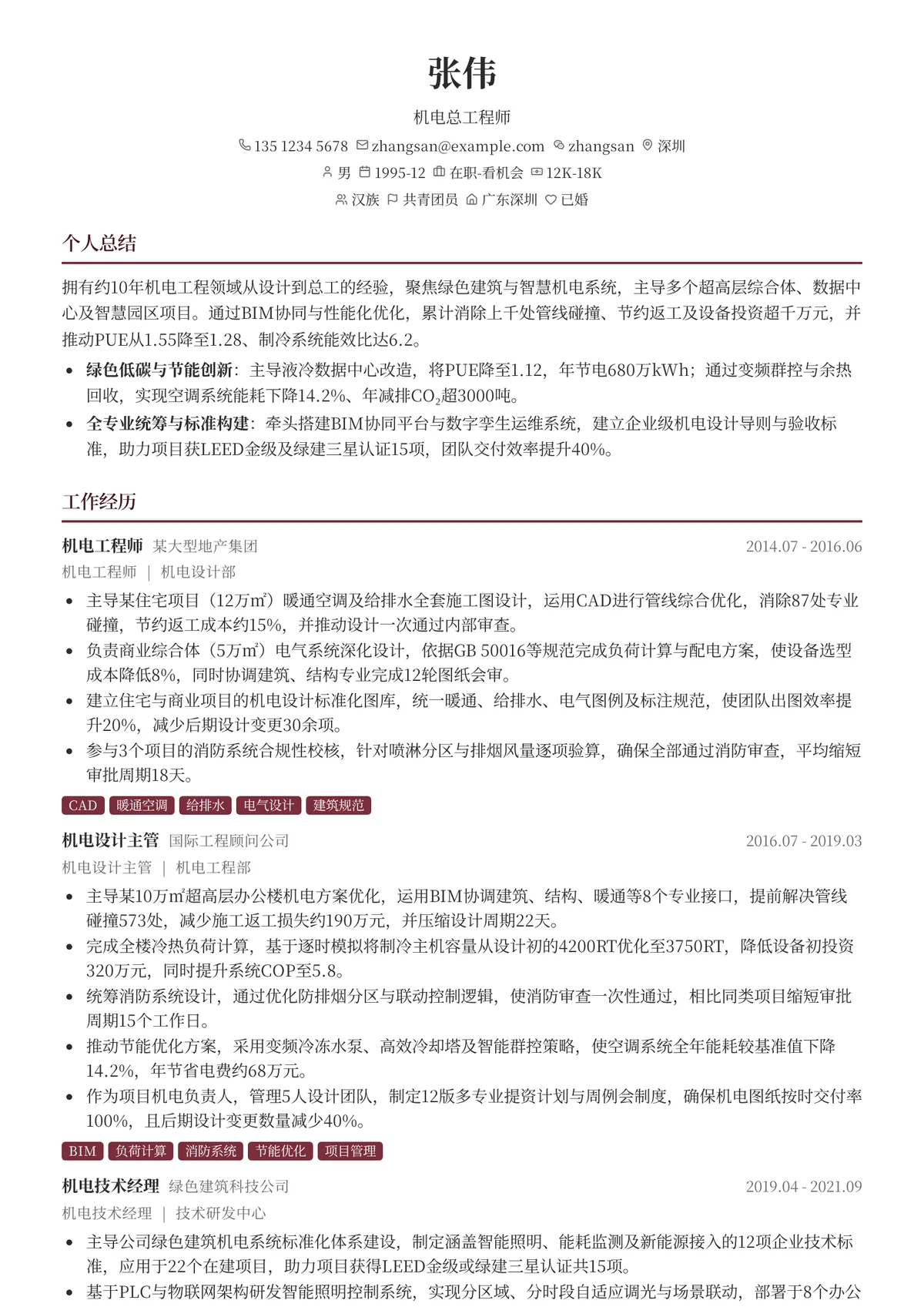 2026年最新机电总工程师简历模板
