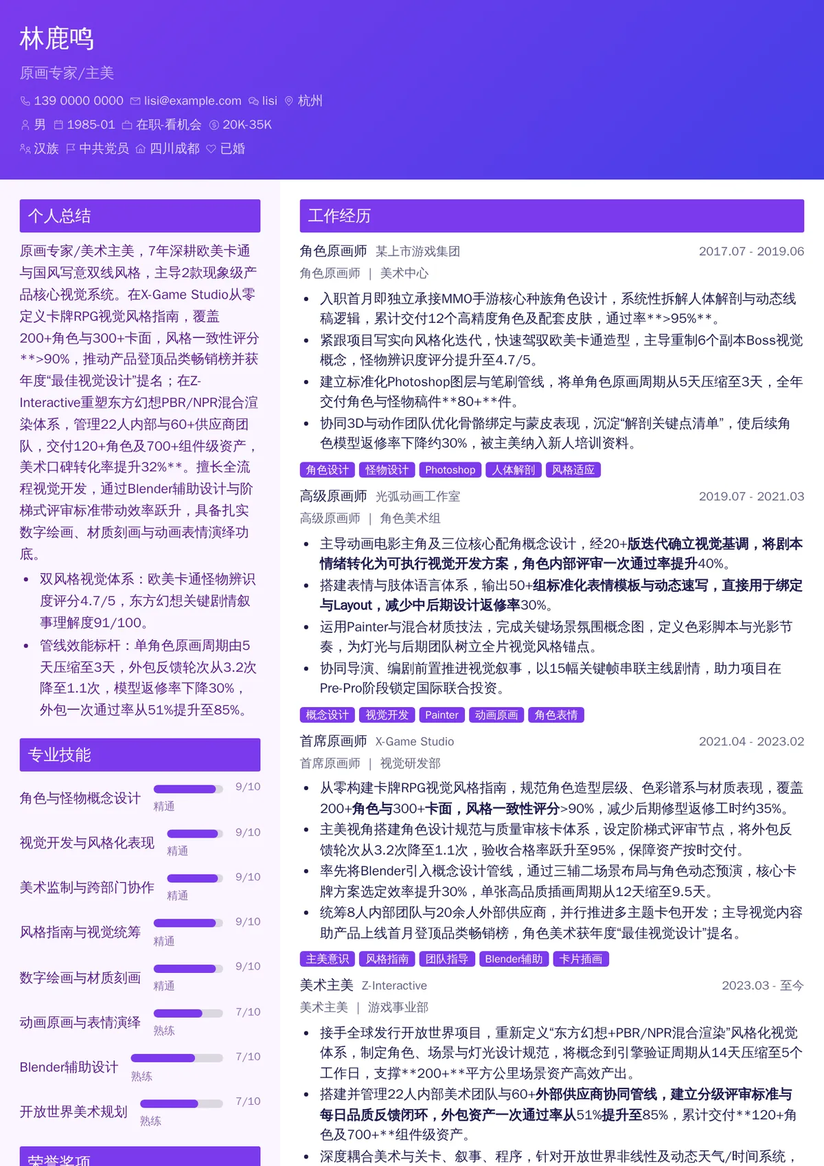 2026年最新原画专家/主美简历模板
