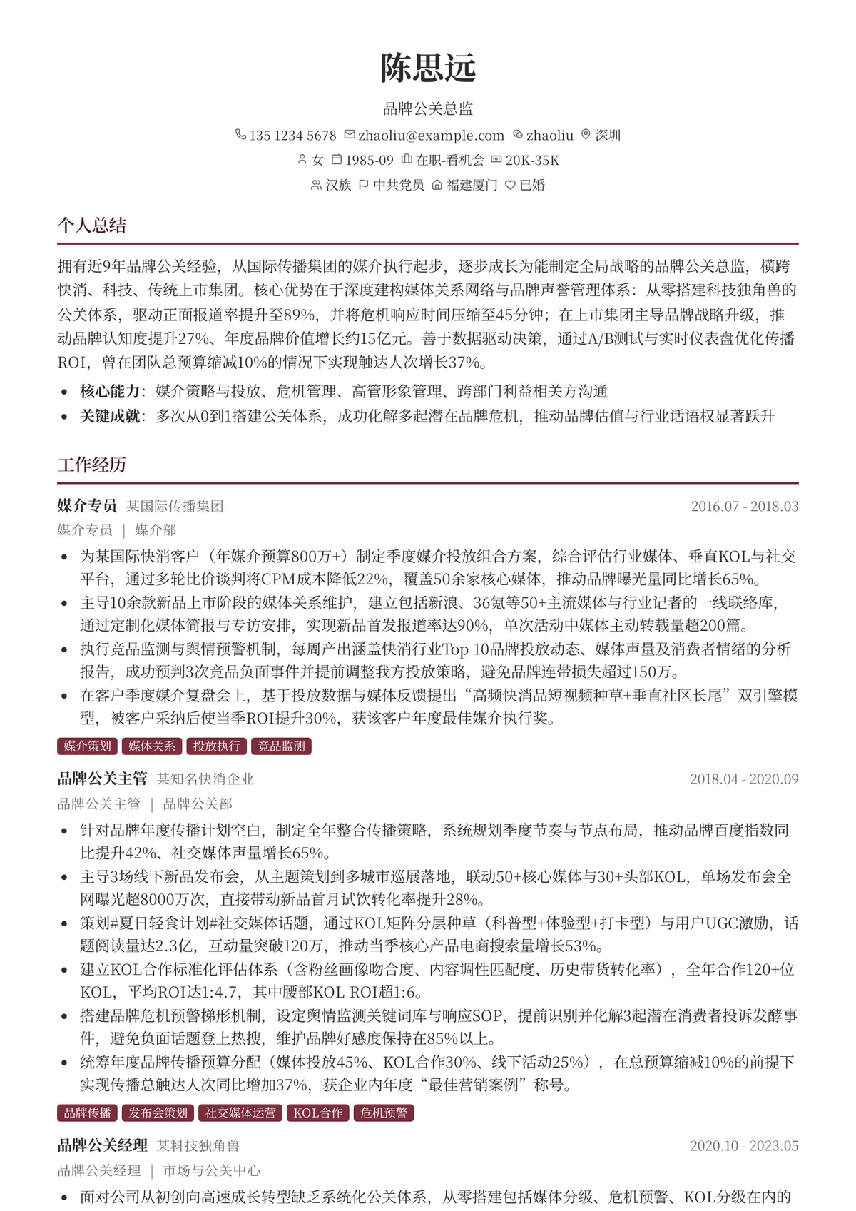 2026年最新品牌公关总监简历模板