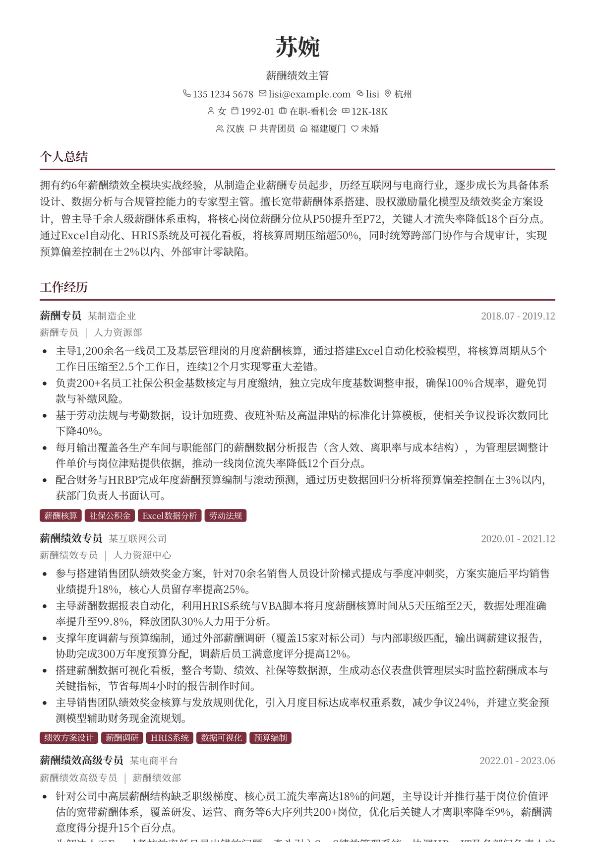 2026年最新薪酬绩效主管简历模板